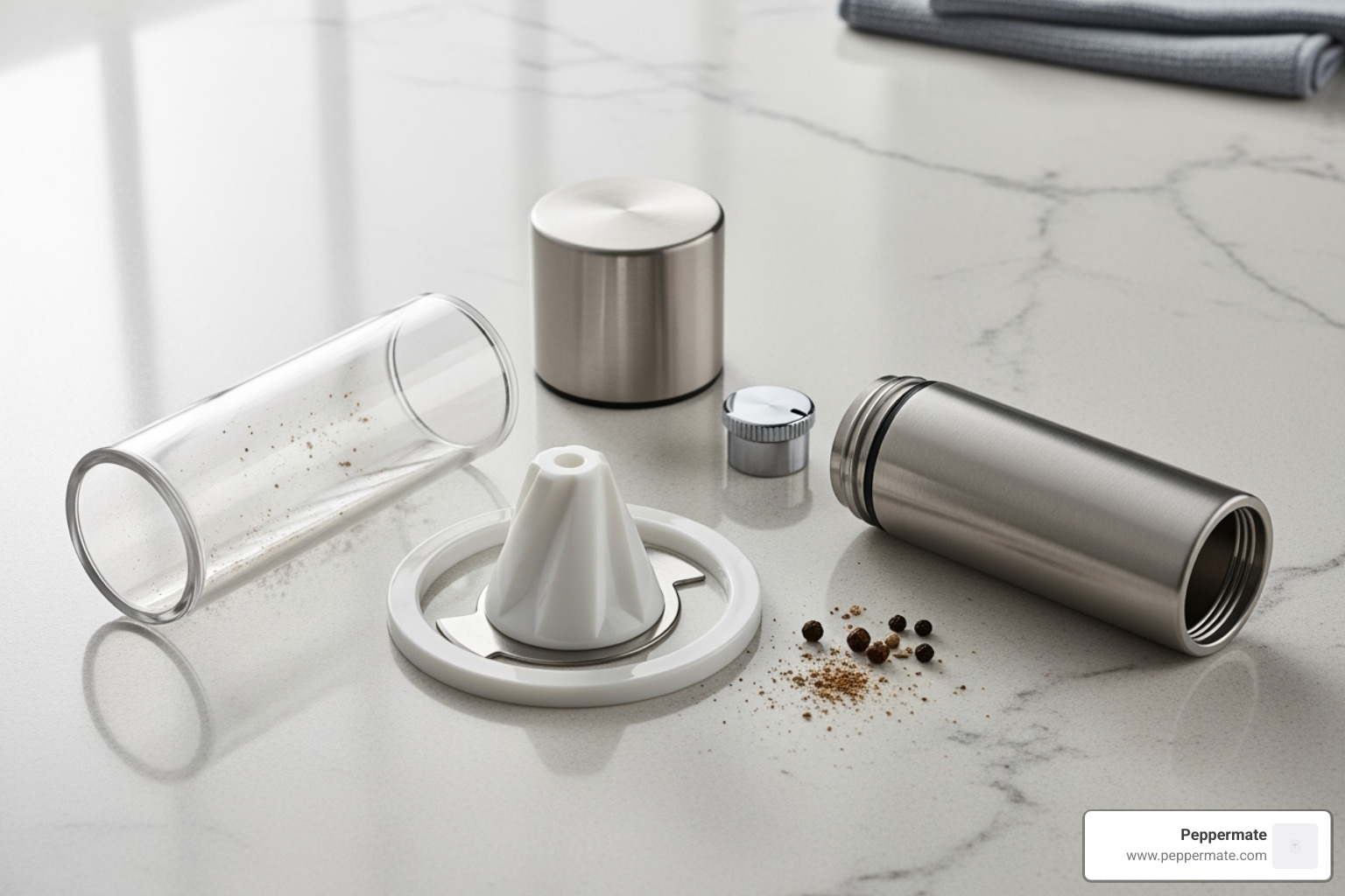 components of a disassembled Peppermate grinder laid out for cleaning - ceramic core grinder