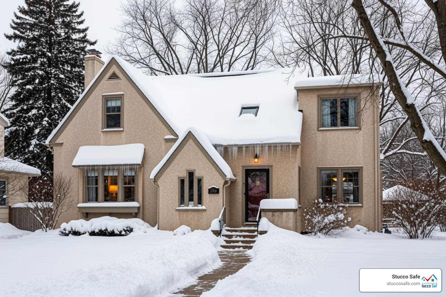 snow-covered stucco house - what are the problems with stucco houses
