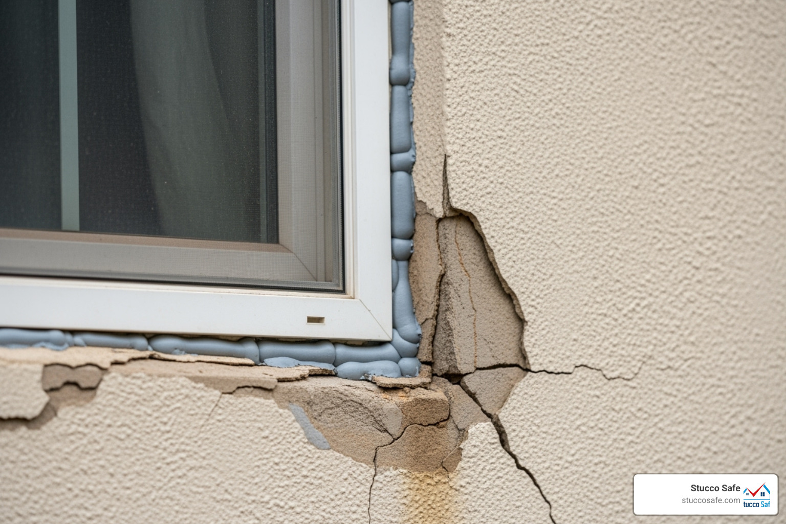 close-up on a poorly caulked window with cracked stucco around it - what are the problems with stucco houses