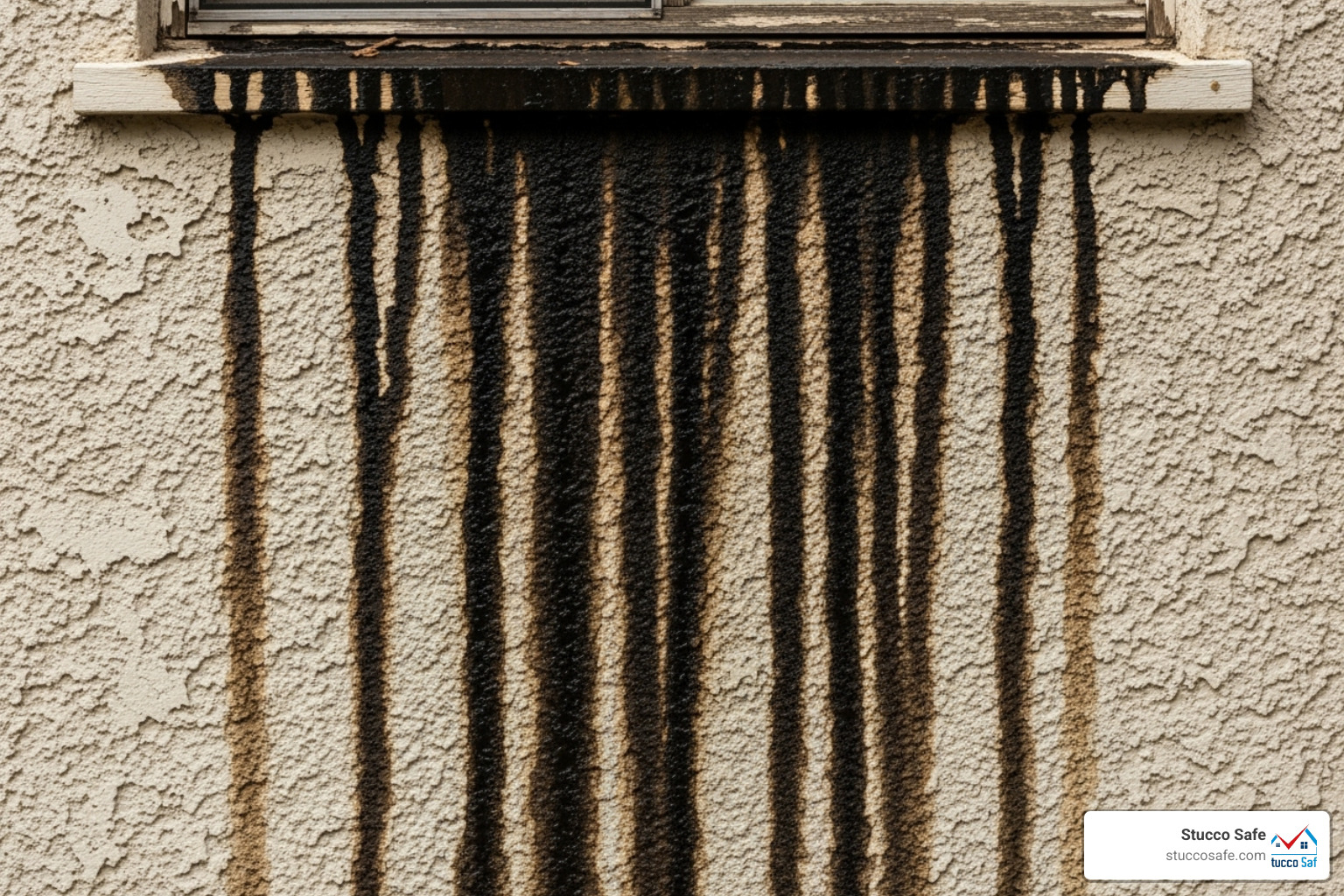 dark, streaky water stains running down from a window on a stucco wall - what are the problems with stucco houses