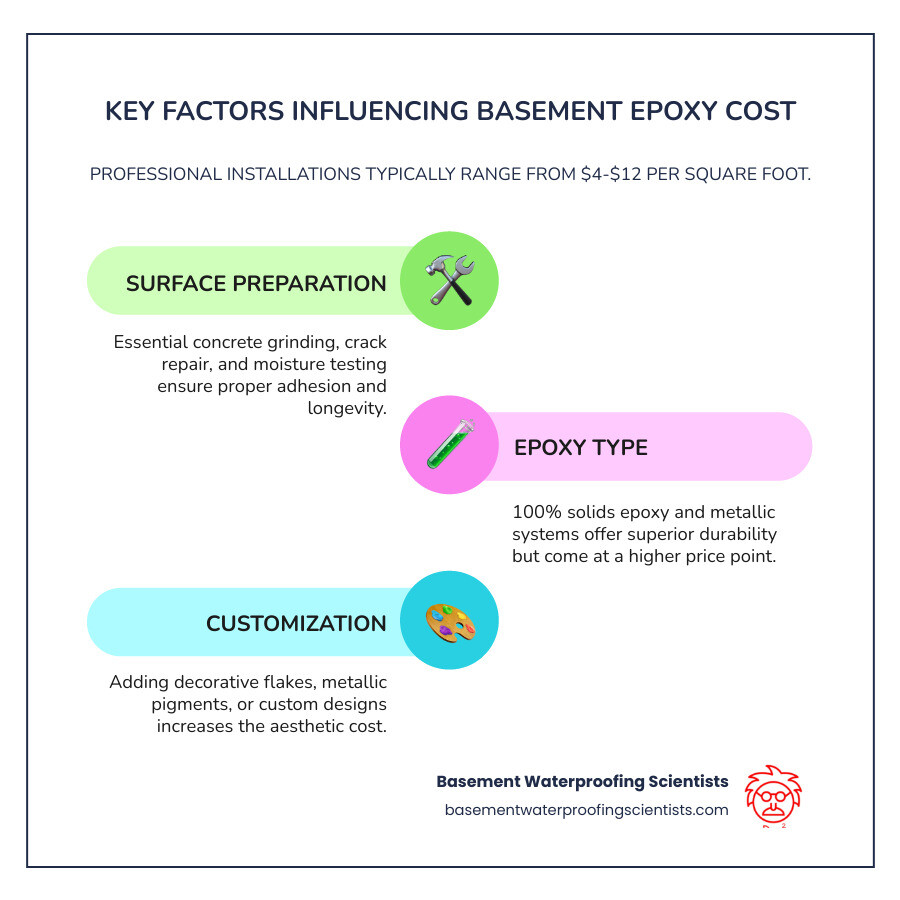 Infographic showing basement epoxy floor cost breakdown with three tiers: Basic ($3-7 per sq ft), Mid-range ($8-12 per sq ft), and High-end ($13-25 per sq ft), along with the top three cost factors: surface preparation needs, epoxy type selection, and basement size - basement epoxy floor cost infographic infographic-line-3-steps-colors