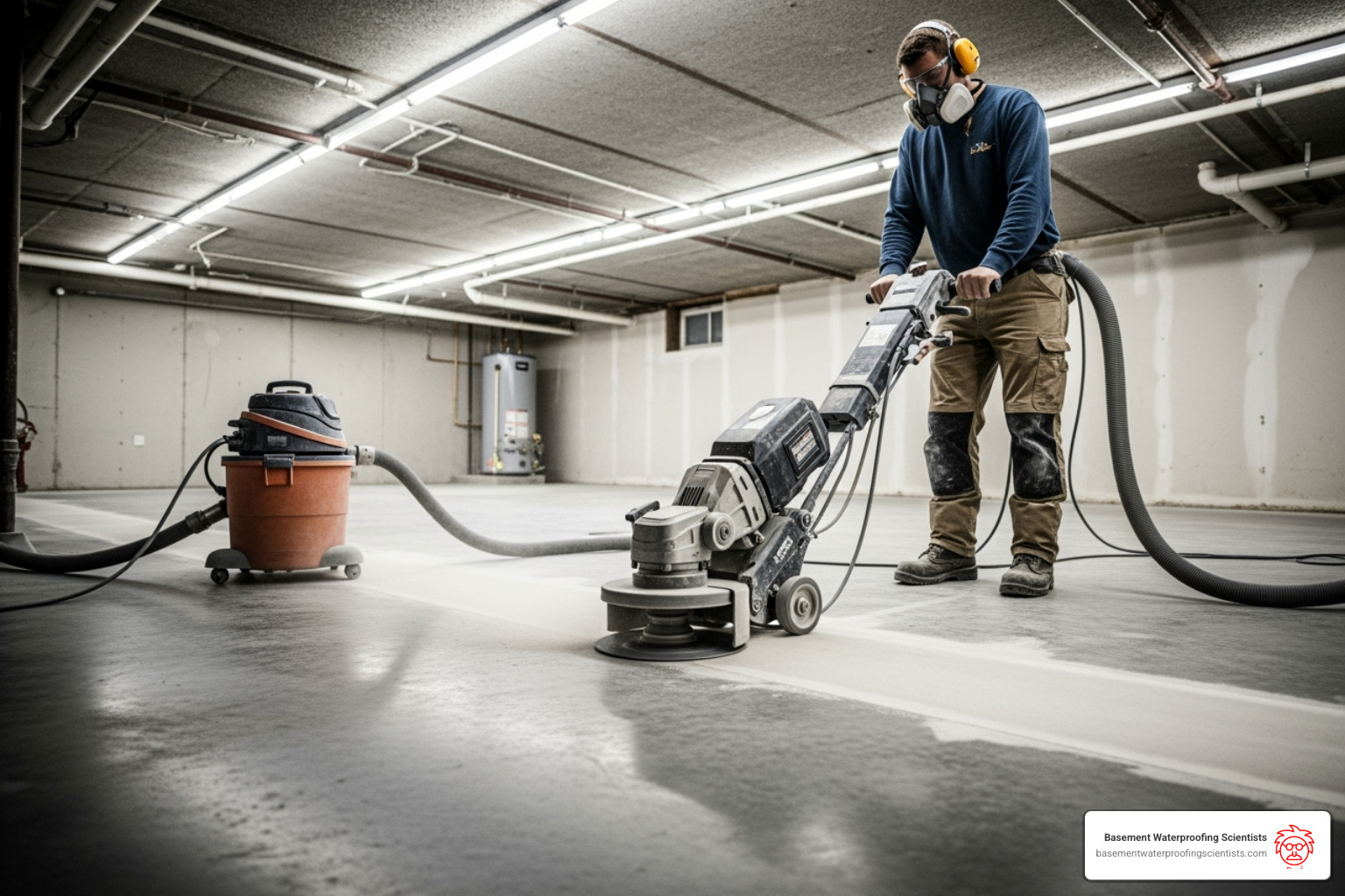 professional grinding a concrete basement floor before coating - basement epoxy floor cost