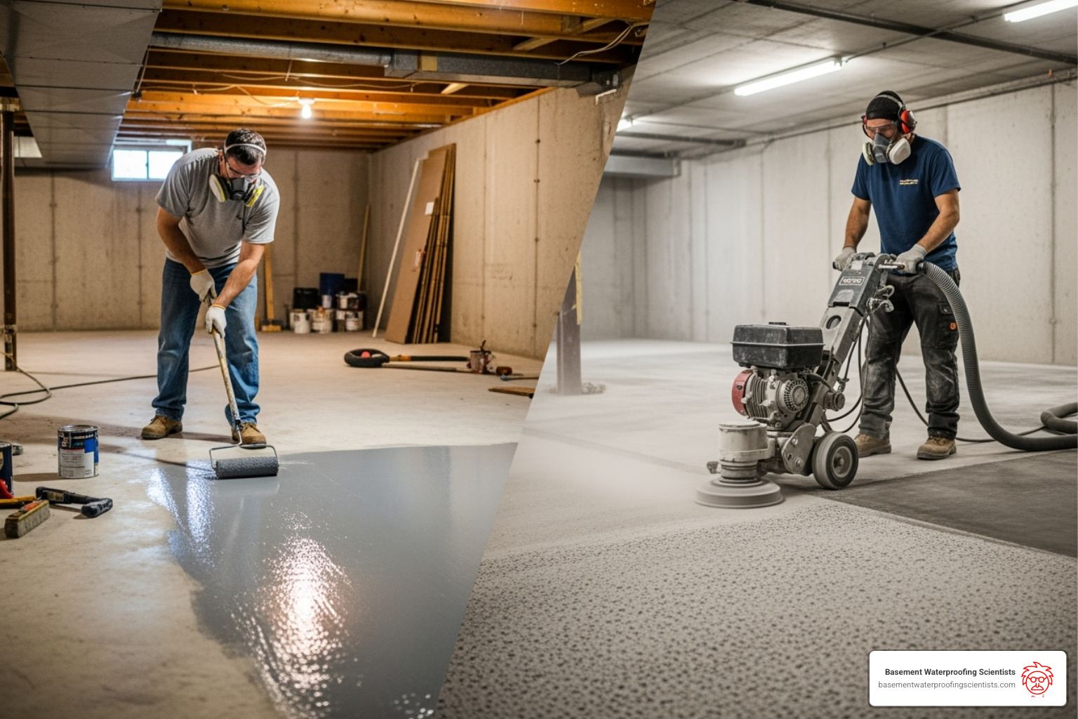 homeowner applying a DIY epoxy kit next to an image of a professional with specialized equipment - basement epoxy floor cost