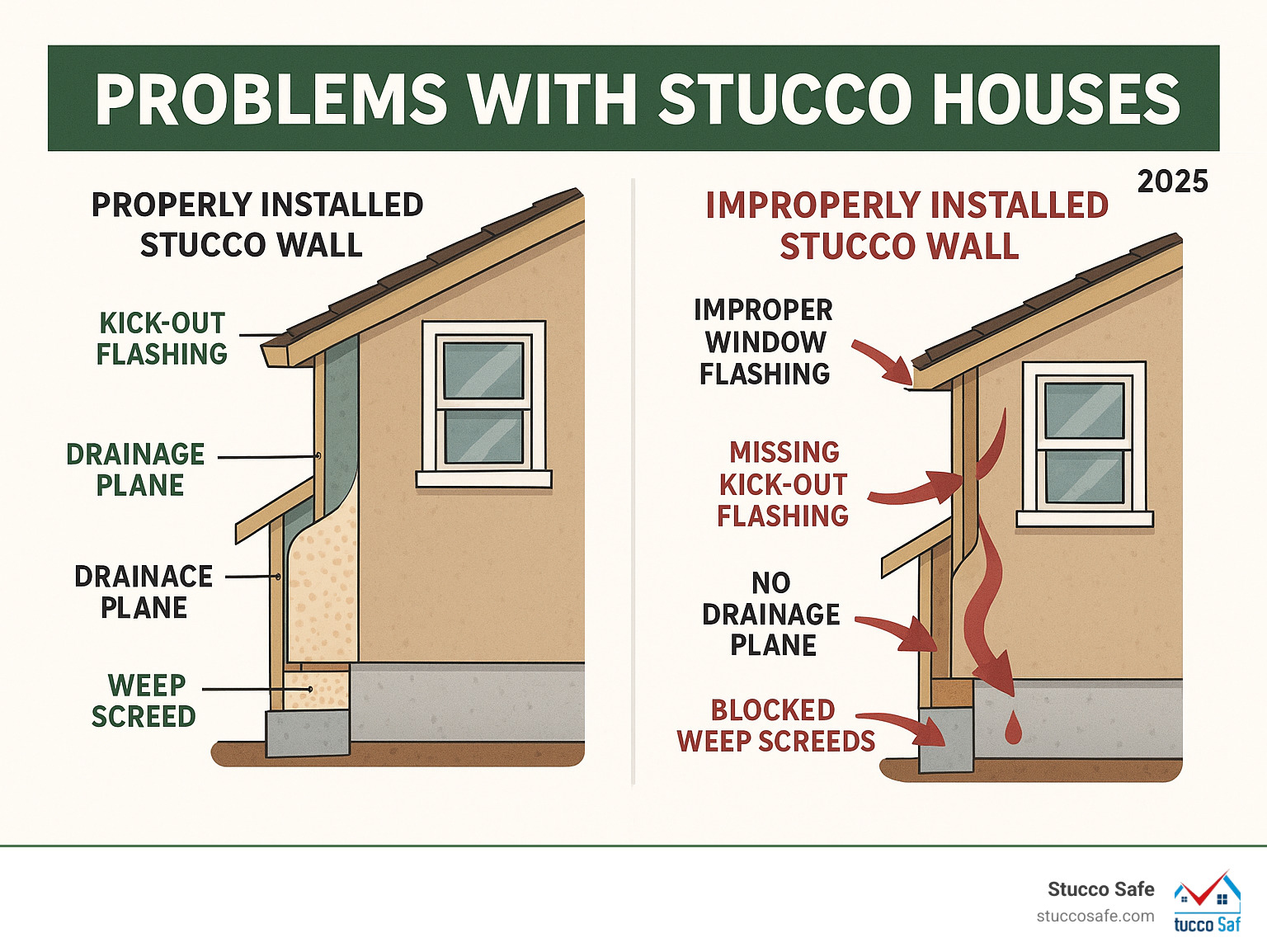 Infographic showing cross-section comparison of properly installed stucco wall versus improperly installed stucco wall, highlighting critical failure points including missing kick-out flashing at roof-wall junction, improper window flashing, blocked weep screeds at foundation, and lack of drainage plane behind stucco, with moisture intrusion paths clearly marked - what are the problems with stucco houses infographic 