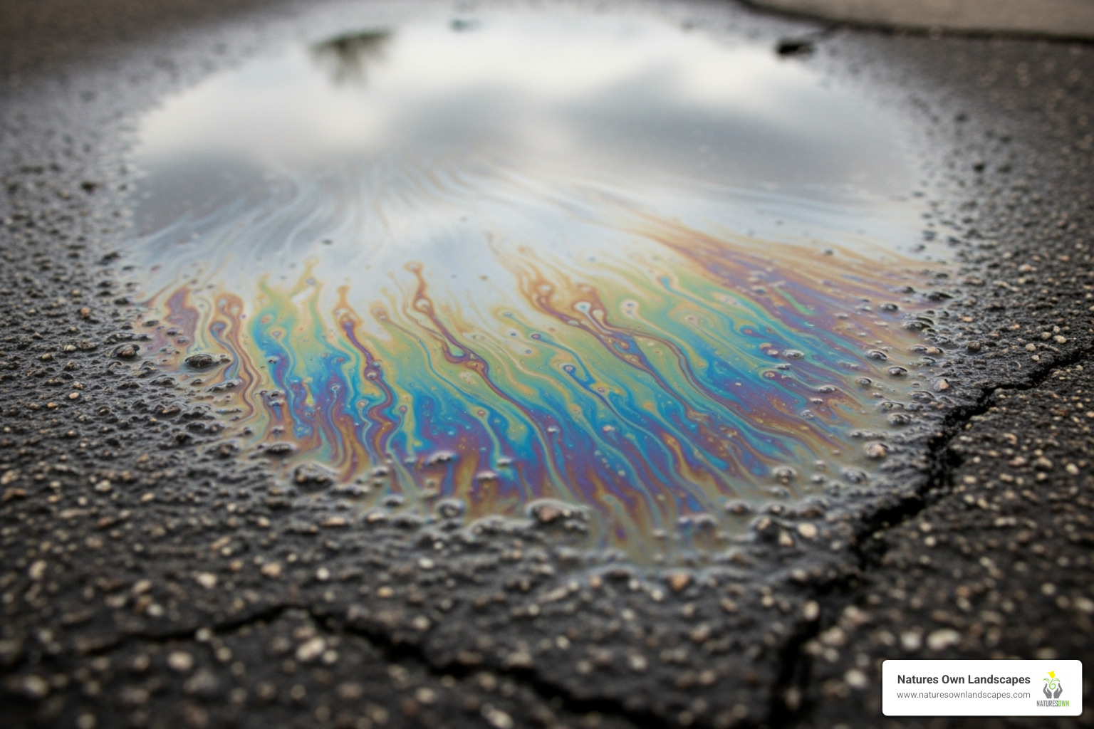 An oily sheen on a puddle in a driveway - Surface water drainage