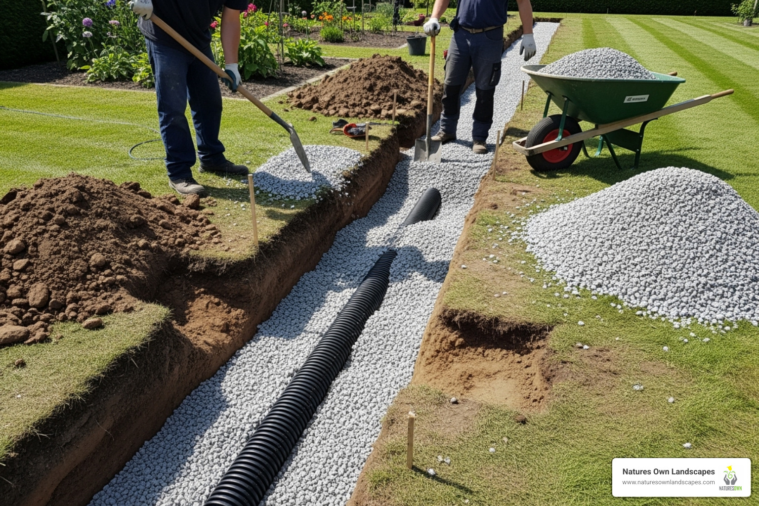 French drain system being installed in a residential yard - Surface water drainage