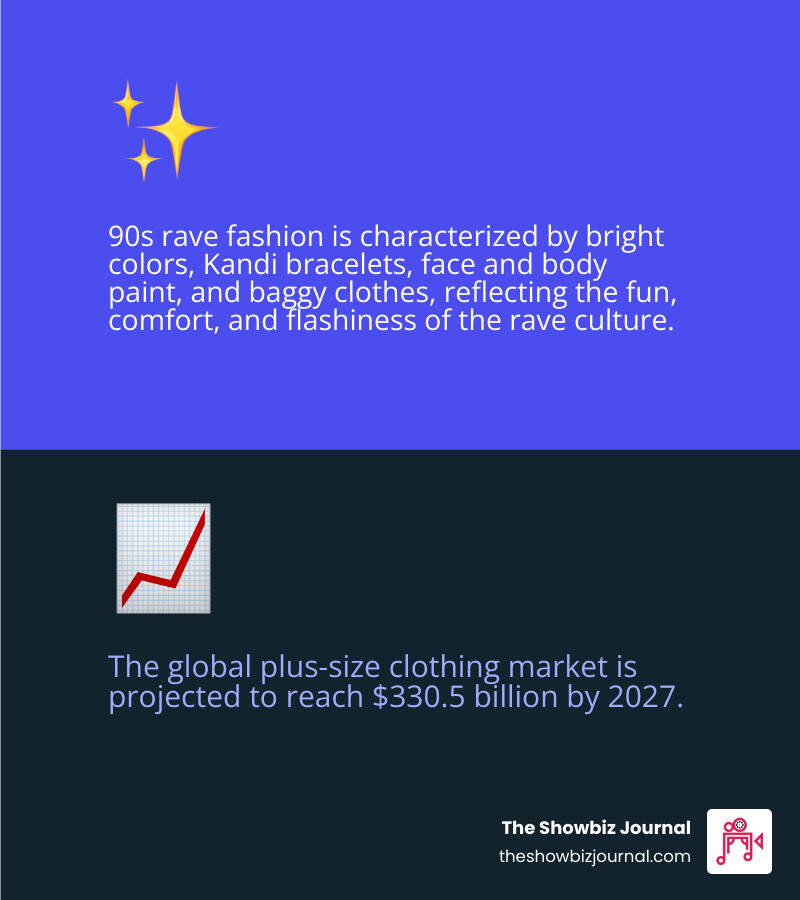 Infographic showing the anatomy of a 90s rave outfit: neon color palette at the top, baggy silhouettes including wide-leg pants and oversized tops in the middle section, platform shoes and chunky sneakers at the bottom, with accessories like Kandi bracelets, bucket hats, and smiley face motifs scattered throughout, all labeled with styling tips for plus-size bodies - 90s rave outfit plus size infographic 2_facts_emoji_blue Infographic showing the anatomy of a 90s rave outfit: neon color palette at the top, baggy silhouettes including wide-leg pants and oversized tops in the middle section, platform shoes and chunky sneakers at the bottom, with accessories like Kandi bracelets, bucket hats, and smiley face motifs scattered throughout, all labeled with styling tips for plus-size bodies - 90s rave outfit plus size infographic 2_facts_emoji_blue