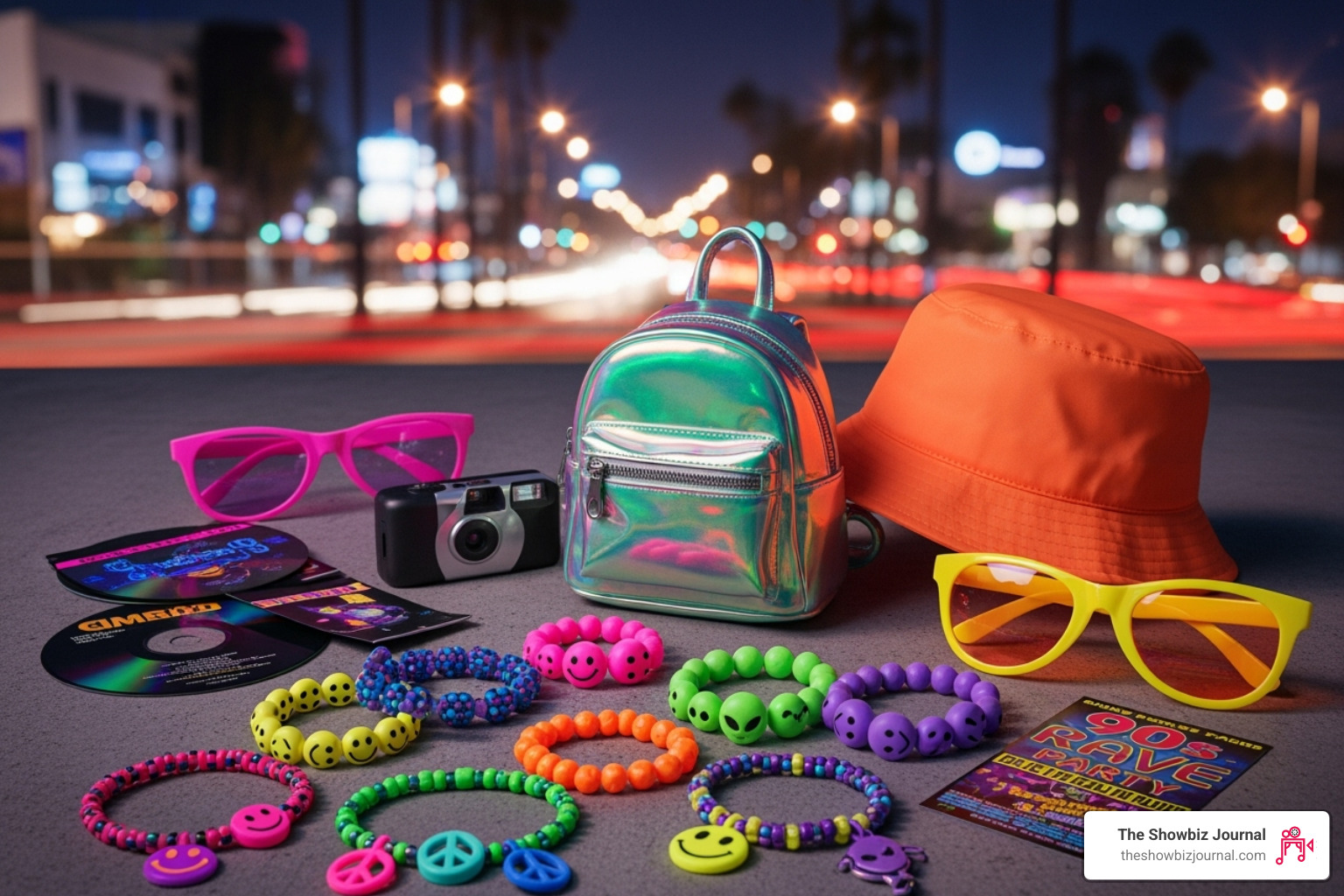 Flat-lay of essential 90s rave accessories like Kandi bracelets, a bucket hat, and a mini backpack, with a nod to local style - 90s rave outfit plus size Flat-lay of essential 90s rave accessories like Kandi bracelets, a bucket hat, and a mini backpack, with a nod to local style - 90s rave outfit plus size