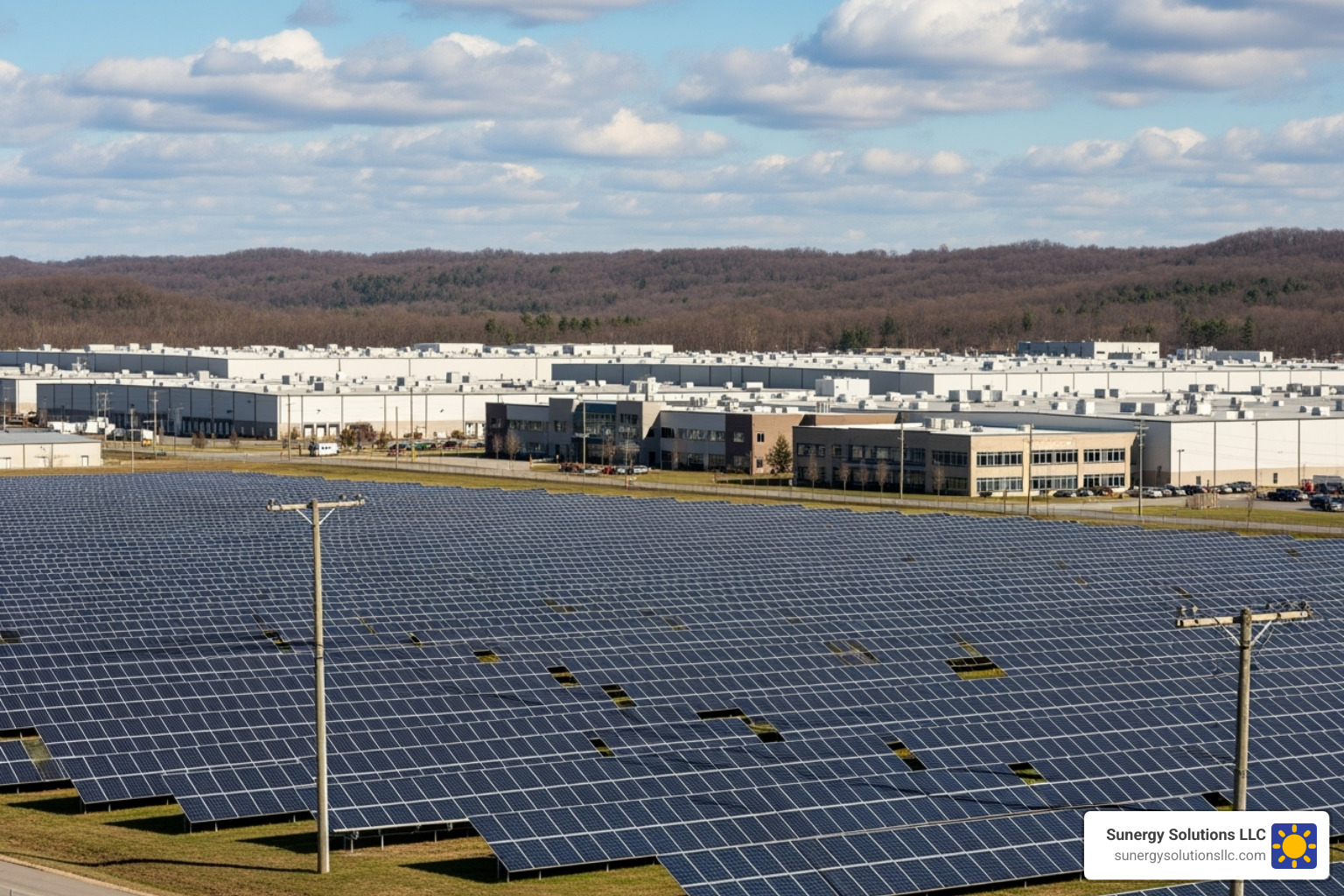 large ground-mounted solar farm on the property of a manufacturing facility in the United States - commercial solar panel installation large ground-mounted solar farm on the property of a manufacturing facility in the United States - commercial solar panel installation
