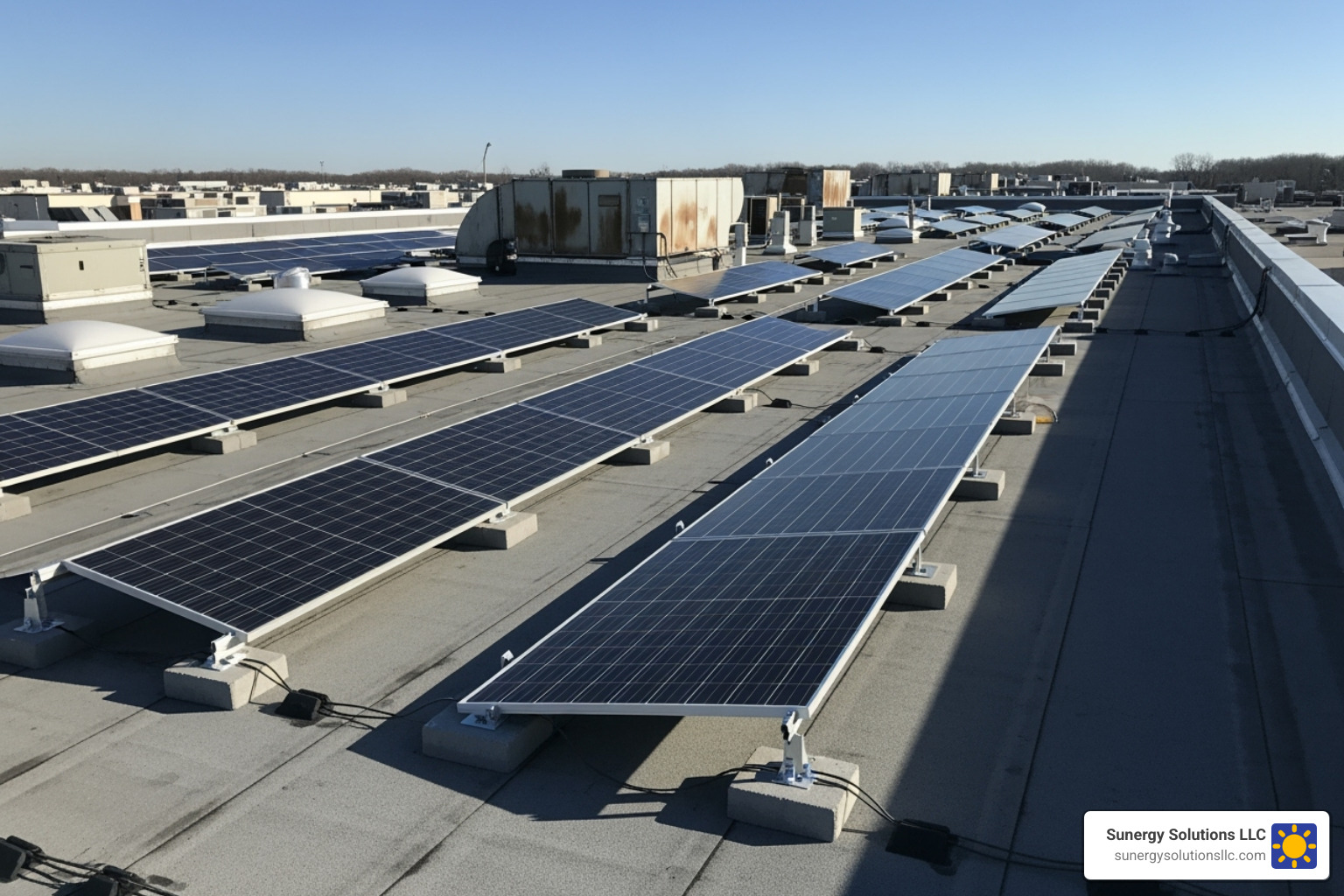 flat commercial roof in the United States with a ballasted solar panel system - commercial solar panel installation flat commercial roof in the United States with a ballasted solar panel system - commercial solar panel installation