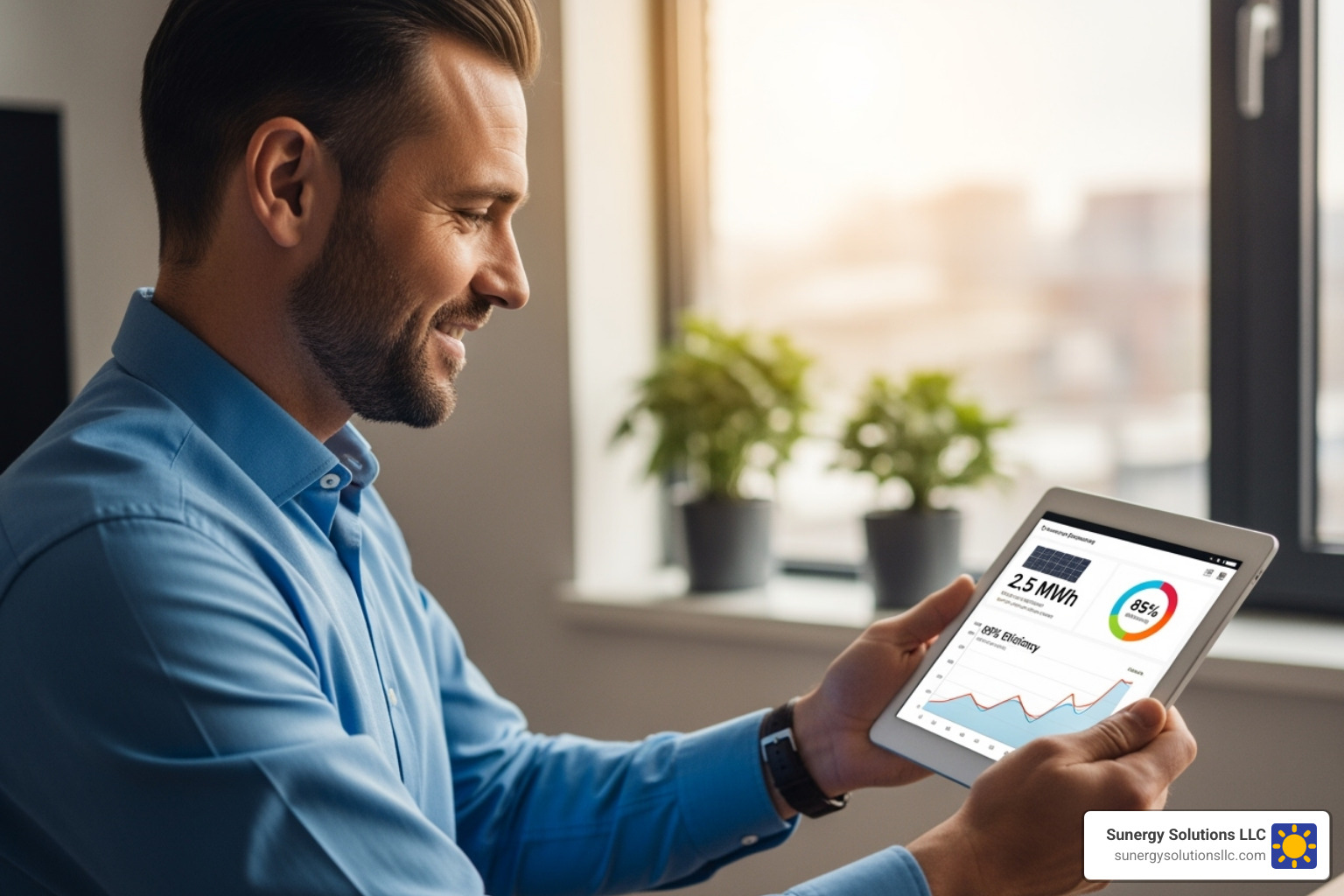 business owner smiling while looking at a tablet displaying solar energy production data - commercial solar panel installation business owner smiling while looking at a tablet displaying solar energy production data - commercial solar panel installation