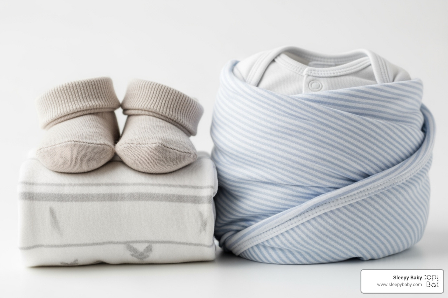 rolled-up onesie, socks, and a swaddle blanket - diaper bag essentials newborn