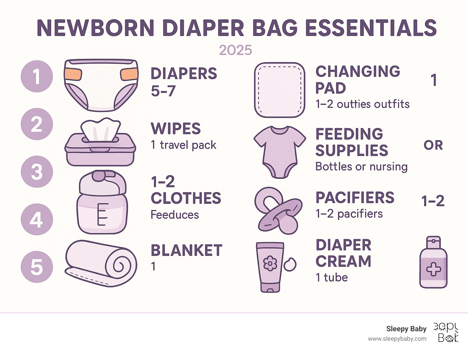 Comprehensive visual checklist showing the top 10 absolute must-have newborn diaper bag essentials arranged in order of importance, including quantities needed for each item - diaper bag essentials newborn infographic 