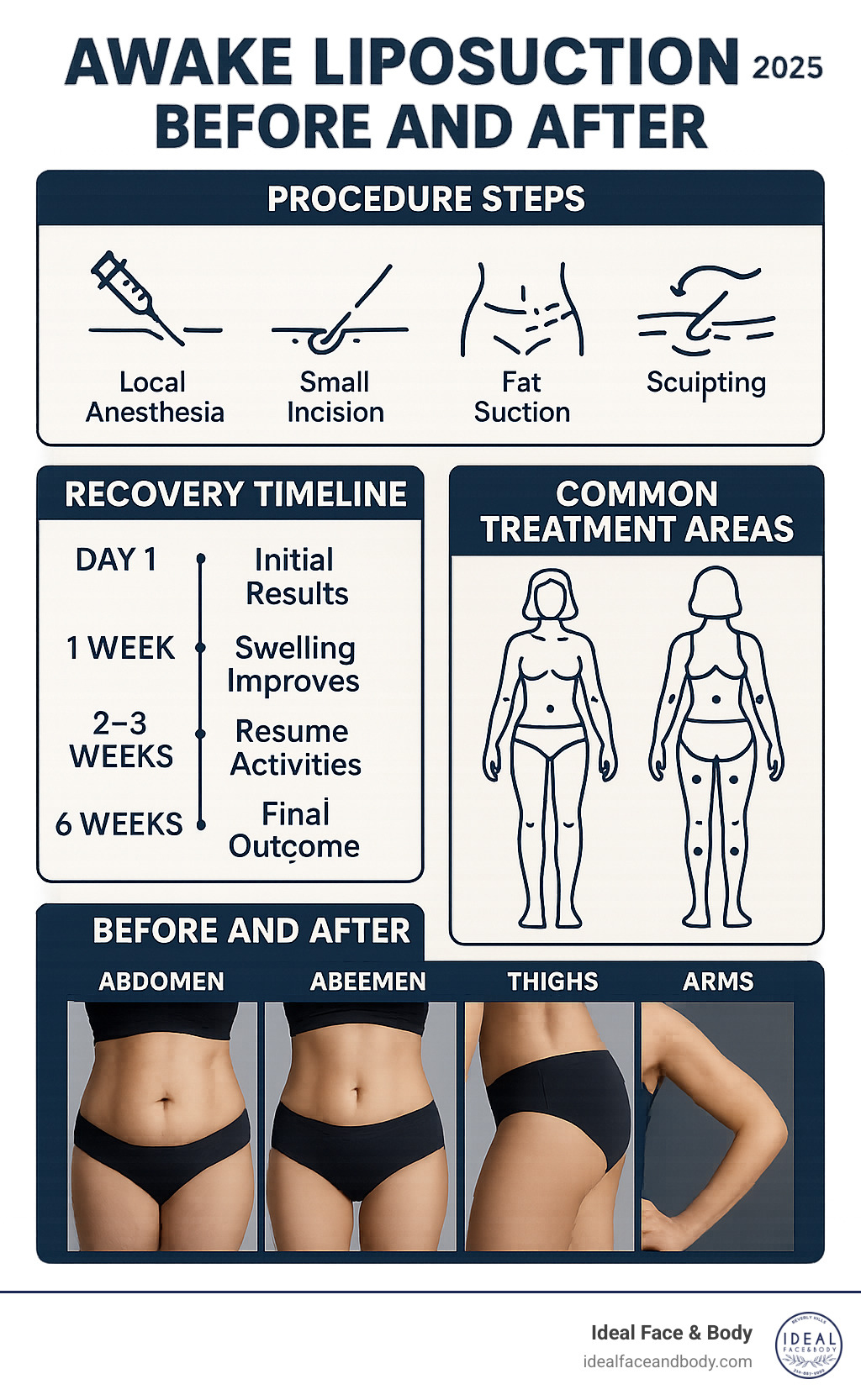 Detailed infographic showing awake liposuction procedure steps, recovery timeline from day 1 to 6 weeks, common treatment areas on female body diagram, and side-by-side before and after result comparisons for abdomen, thighs, and arms - awake liposuction before and after infographic 