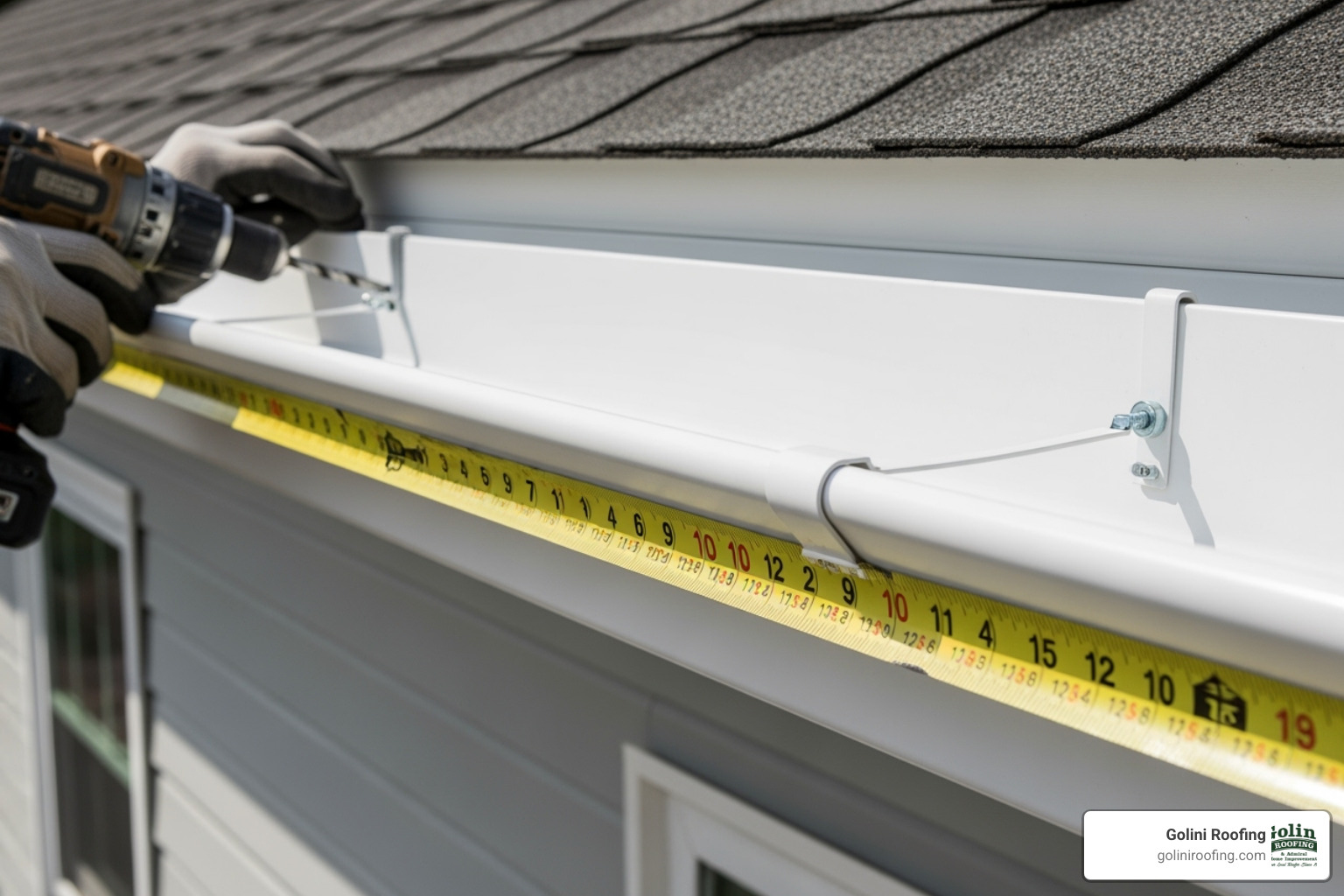 Professional installer working safely on a ladder - what is the average cost of gutters per foot Professional installer working safely on a ladder - what is the average cost of gutters per foot