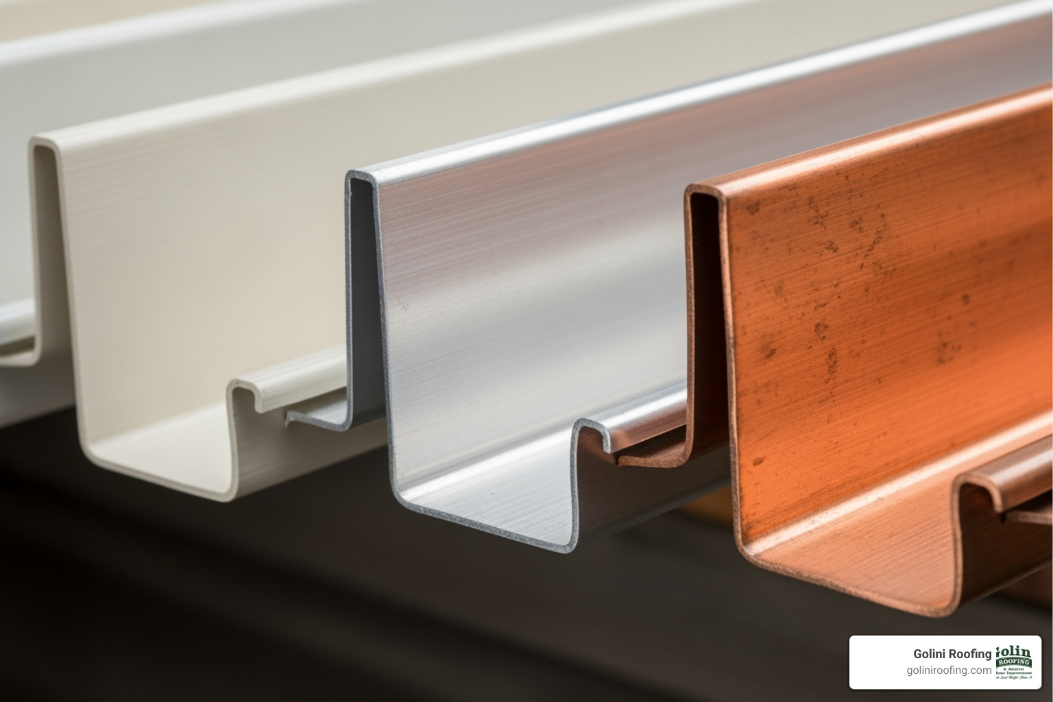 Samples of different gutter materials like vinyl, aluminum, and copper - what is the average cost of gutters per foot Samples of different gutter materials like vinyl, aluminum, and copper - what is the average cost of gutters per foot