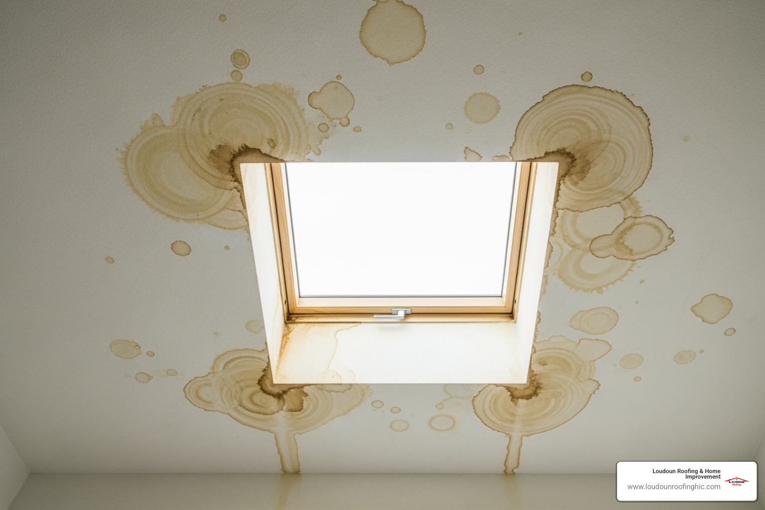 Water stains on a ceiling around a skylight - Roof and skylight repair