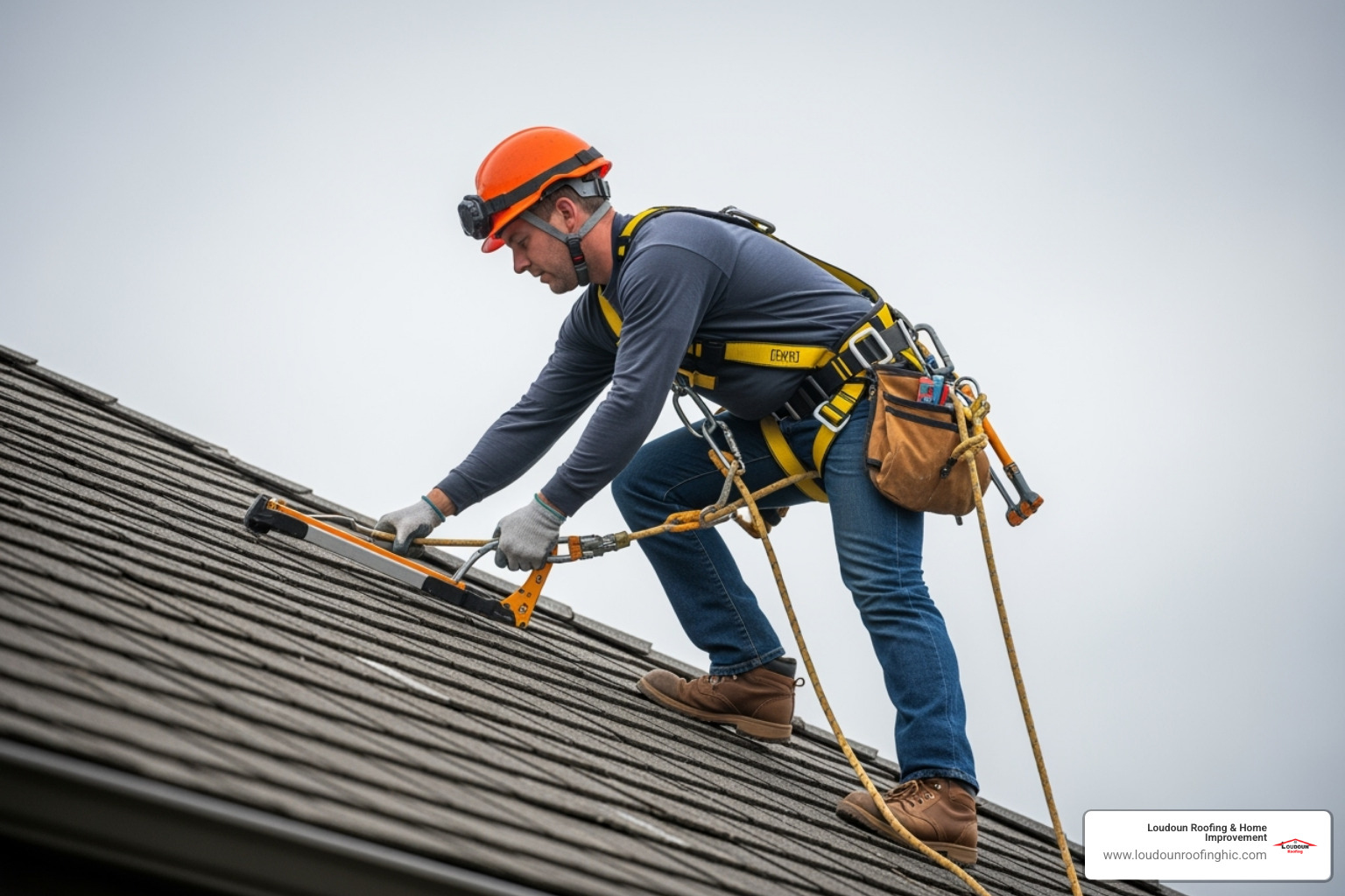 A professional roofer safely harnessed while working on a roof - Roof and skylight repair