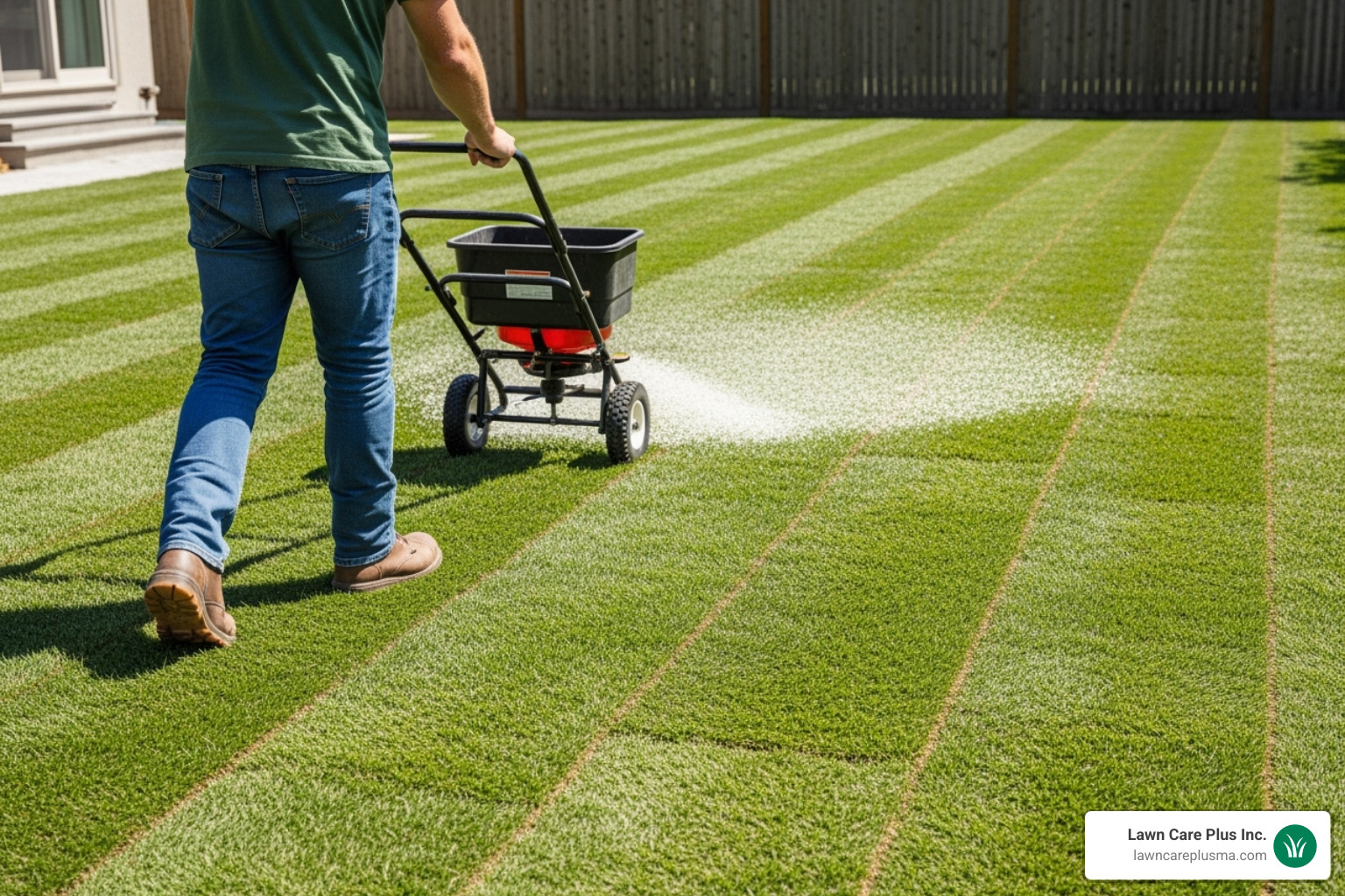 A person using a broadcast spreader correctly on a new sod lawn, with the fertilizer being evenly distributed - fertilizer for new sod