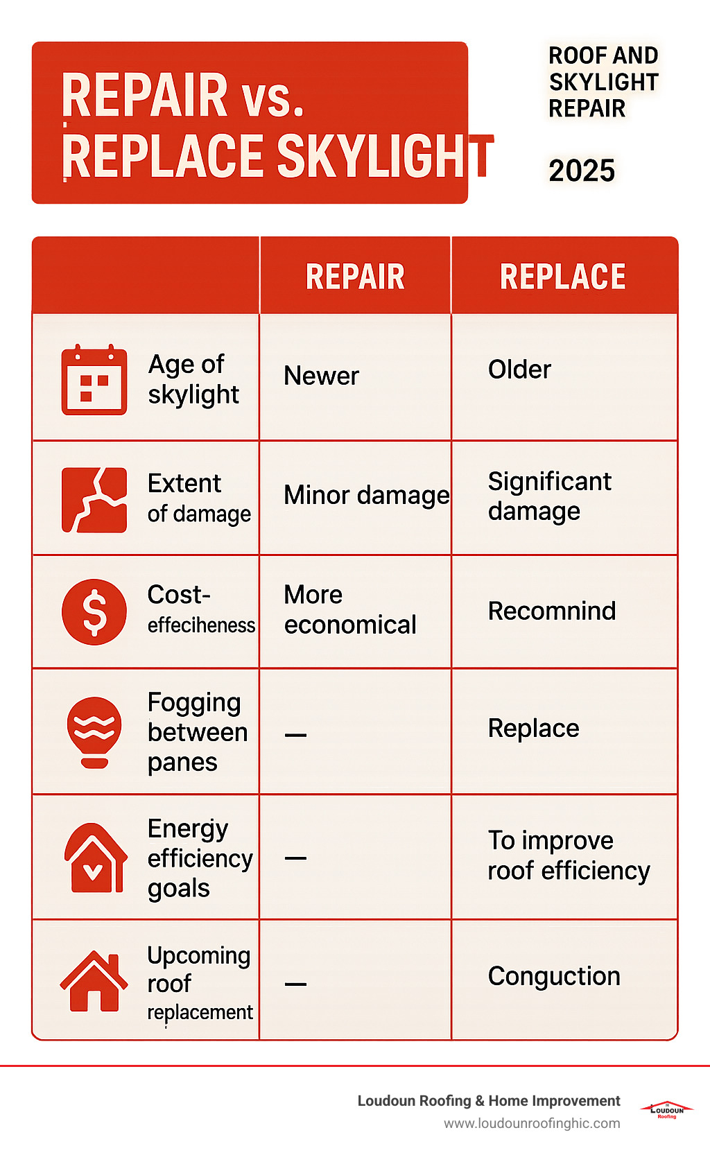 Table comparing the factors for skylight repair versus replacement; Age of skylight; Extent of damage; Cost-effectiveness; Fogging between panes; Energy efficiency goals; Upcoming Roof Replacement - Roof and skylight repair infographic 