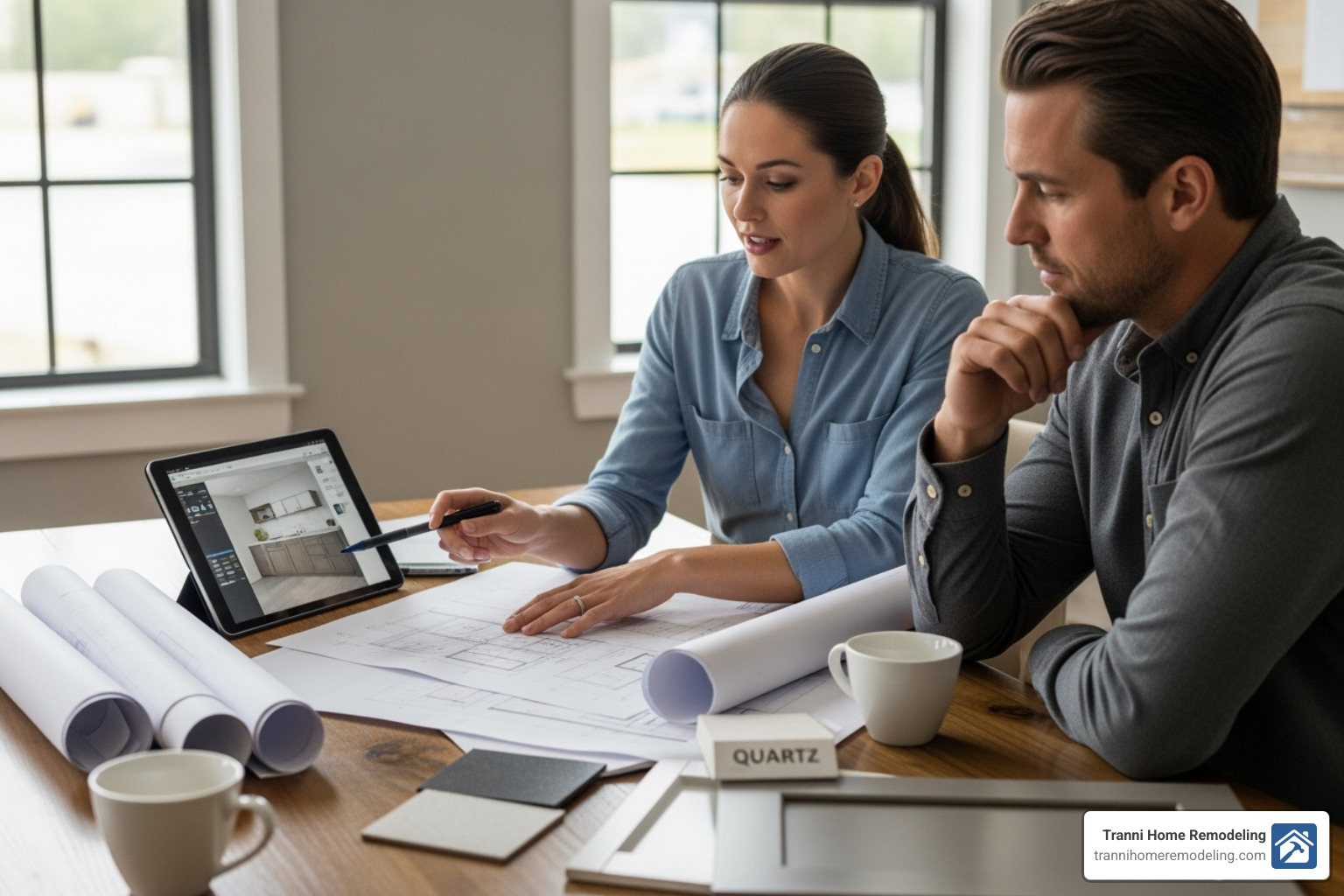 Kitchen designer and homeowner reviewing blueprints - kitchen remodeling companies