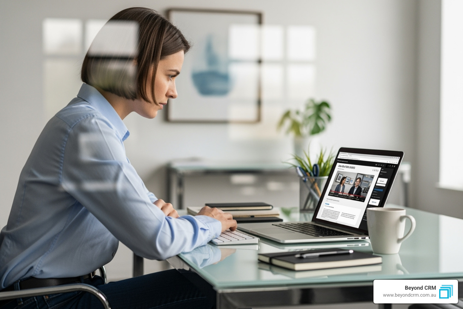 A person participating in an online training session, looking engaged with the content displayed on a laptop screen - Dynamics 365 customisation training A person participating in an online training session, looking engaged with the content displayed on a laptop screen - Dynamics 365 customisation training