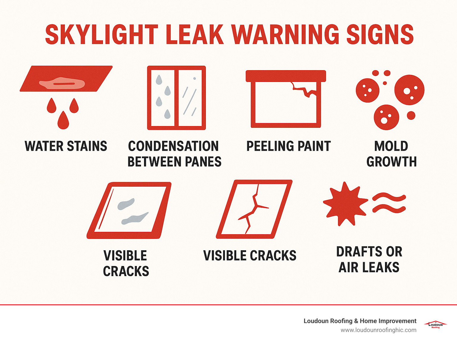 Infographic showing common skylight leak warning signs including water stains on ceilings, condensation between glass panes, peeling paint around frames, mold growth, visible cracks in glass or flashing, and drafts or air leaks - Roof and skylight repair infographic 