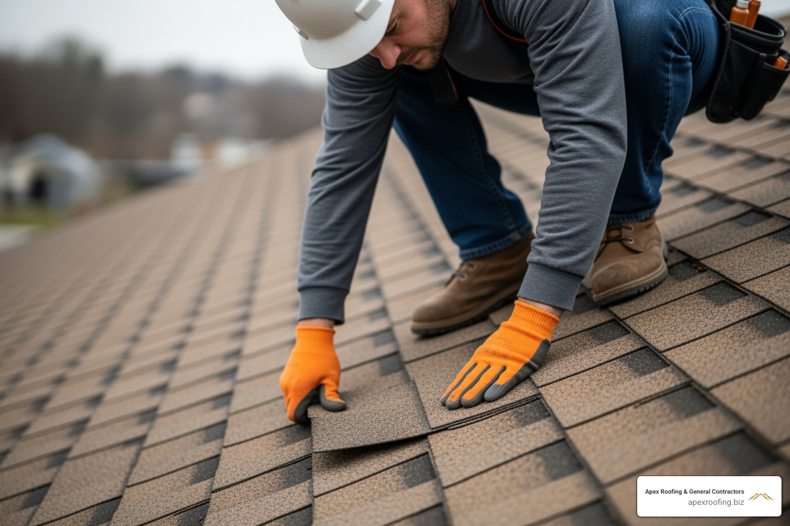 Roofer inspecting a damaged shingle up close - Alamo Heights roof replacement