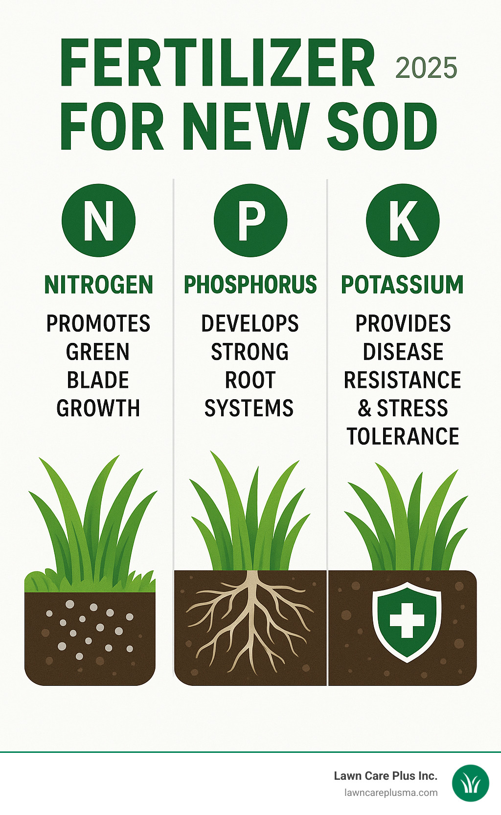 Infographic showing NPK nutrient roles: Nitrogen promotes green blade growth, Phosphorus develops strong root systems, and Potassium provides disease resistance and stress tolerance for new sod establishment - fertilizer for new sod infographic 