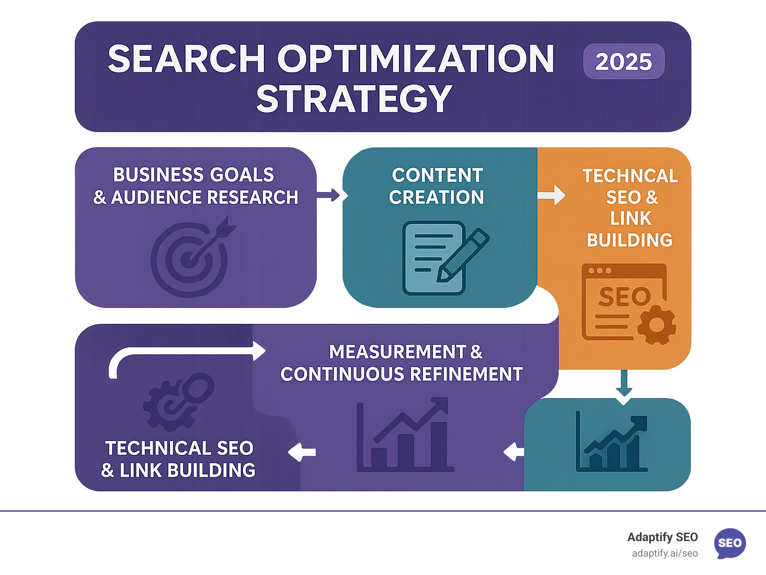 Comprehensive infographic showing the strategic SEO workflow: starting with business goals and audience research, flowing through keyword research and competitor analysis, then to content creation and on-page optimization, followed by technical SEO and link building, and ending with measurement and continuous refinement - search optimization strategy infographic