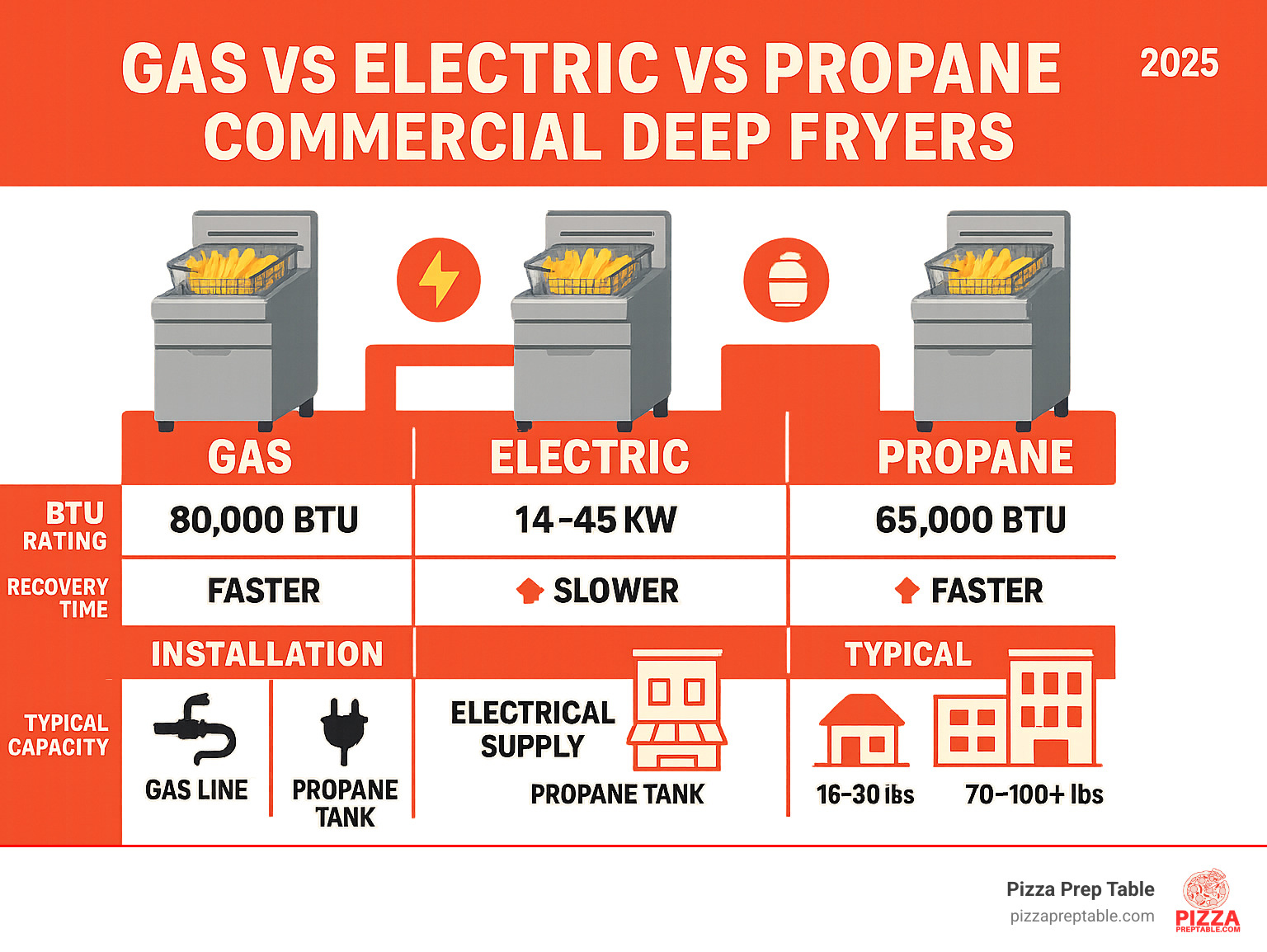 Infographic showing comparison of gas vs electric vs propane commercial deep fryers with BTU ratings, recovery times, installation requirements, and typical capacity ranges for different restaurant sizes - restaurant deep fryer infographic 