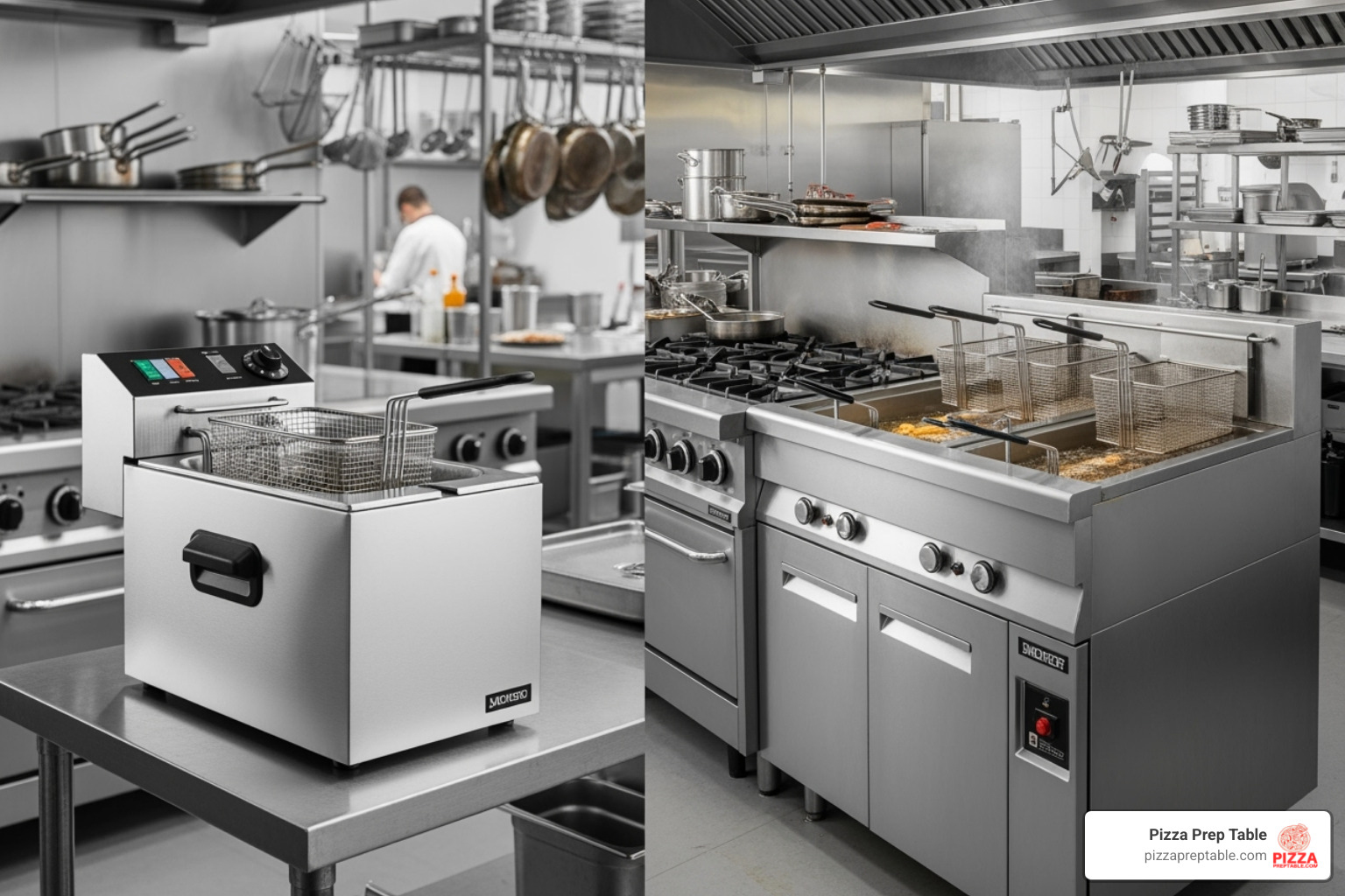 compact countertop fryer next to a large floor model fryer - restaurant deep fryer