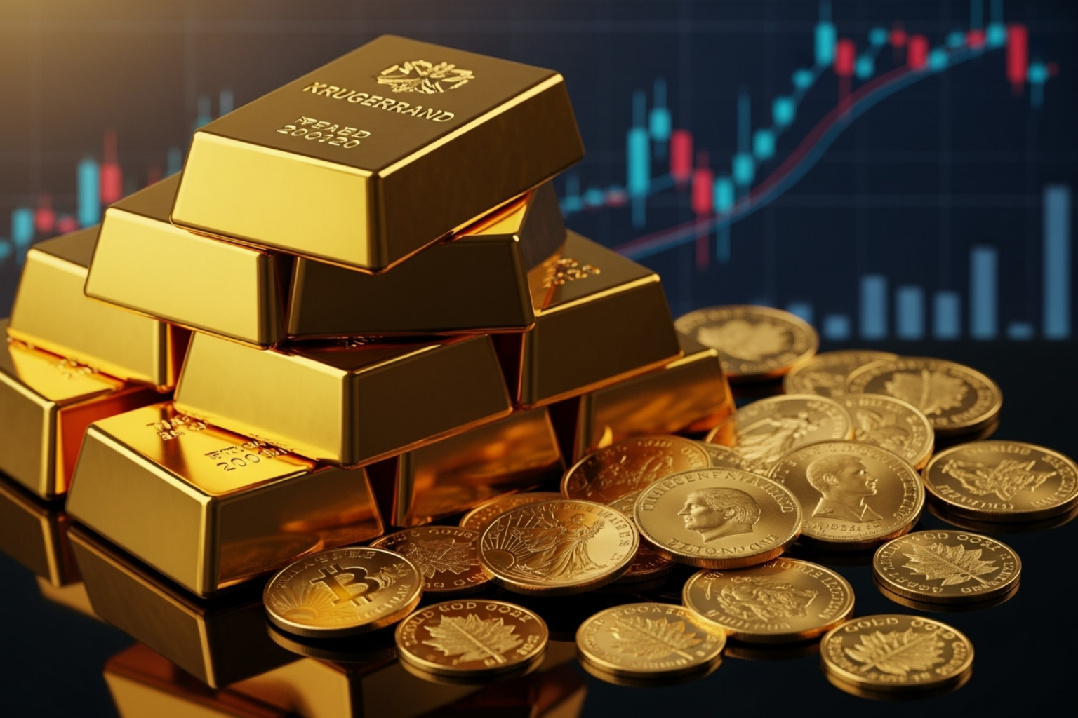 gold bars and coins with economic charts in the background - fintechzoom.com gold price