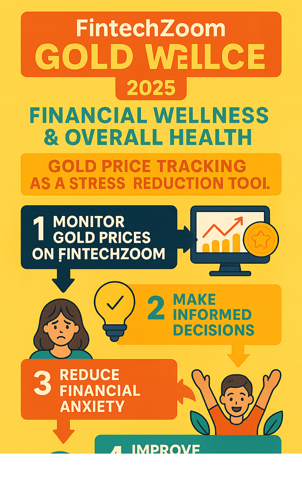Infographic showing the connection between financial wellness and overall health, featuring gold price tracking as a stress-reduction tool, with steps: 1) Monitor gold prices on FintechZoom, 2) Make informed decisions, 3) Reduce financial anxiety, 4) Improve overall well-being - fintechzoom.com gold price infographic 