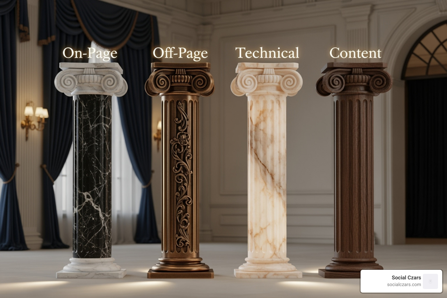Four pillars of luxury SEO: On-Page, Off-Page, Technical, and Content - luxury seo