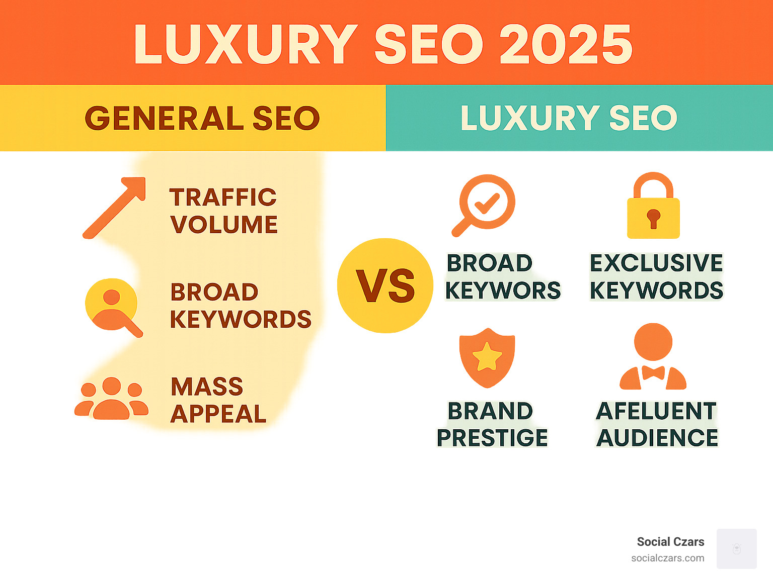 Infographic showing the key differences between General SEO focusing on traffic volume, broad keywords, and mass appeal versus Luxury SEO emphasizing qualified leads, exclusive keywords, brand prestige, and affluent audience targeting - luxury seo infographic 