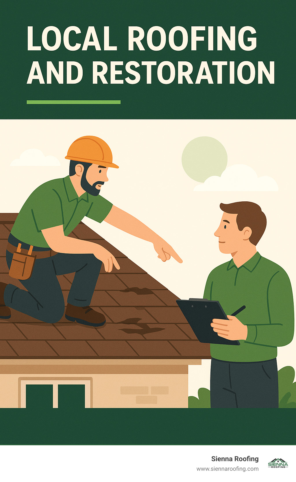 a roofer pointing out damage on a roof to a homeowner holding a clipboard - local roofing and restoration