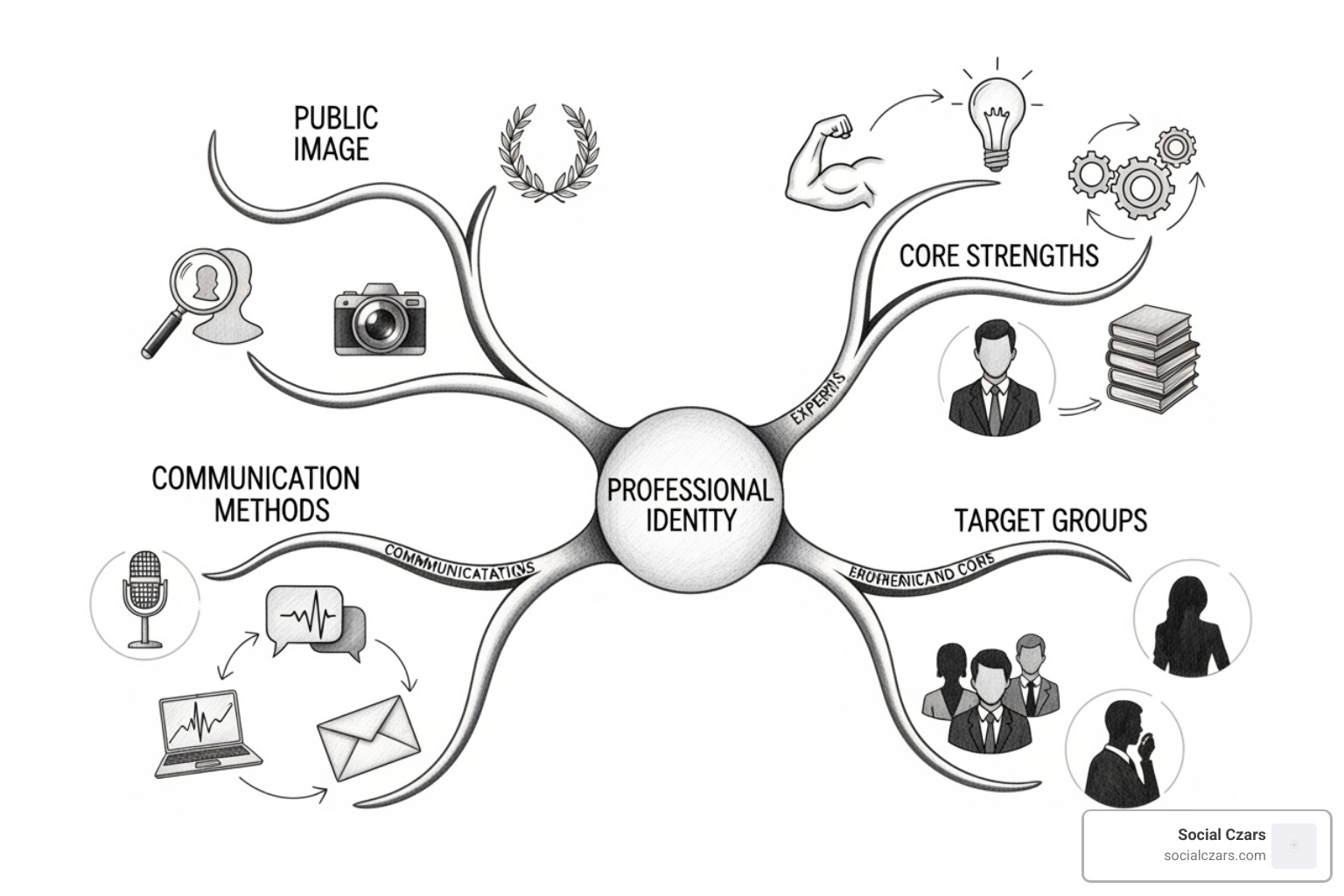 A strategic mind map for a personal brand, showing interconnected elements like values, expertise, audience, content channels, and desired perception - Executive digital marketing