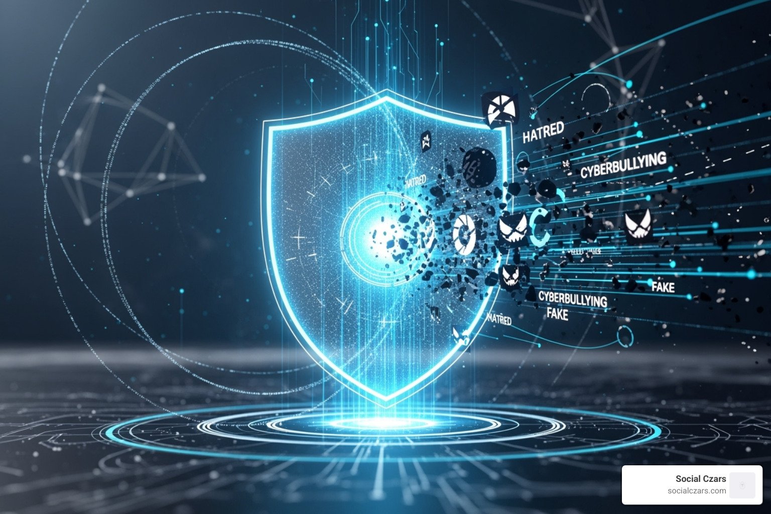 A stylized digital shield deflecting negative comments and online threats - Executive digital marketing