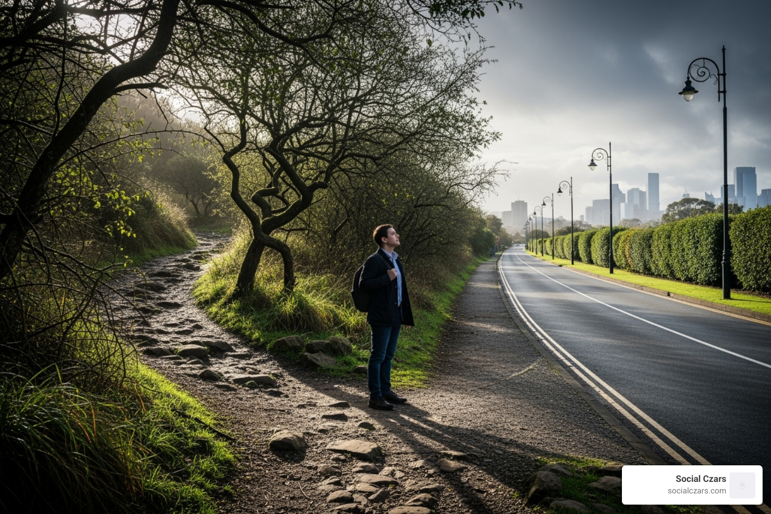 person at a crossroads with signs pointing to "DIY" and "Social Czars Solutions" - Fix online reputation