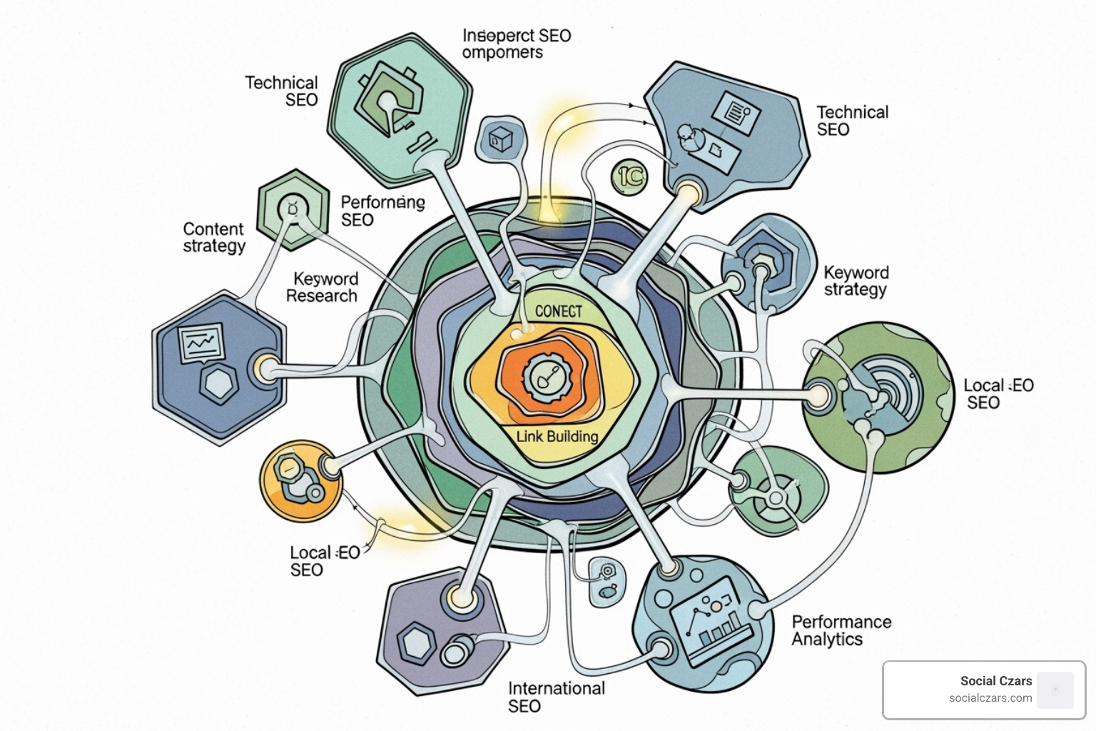 Multi-layered diagram showing interconnected components of elite SEO - Elite SEO services