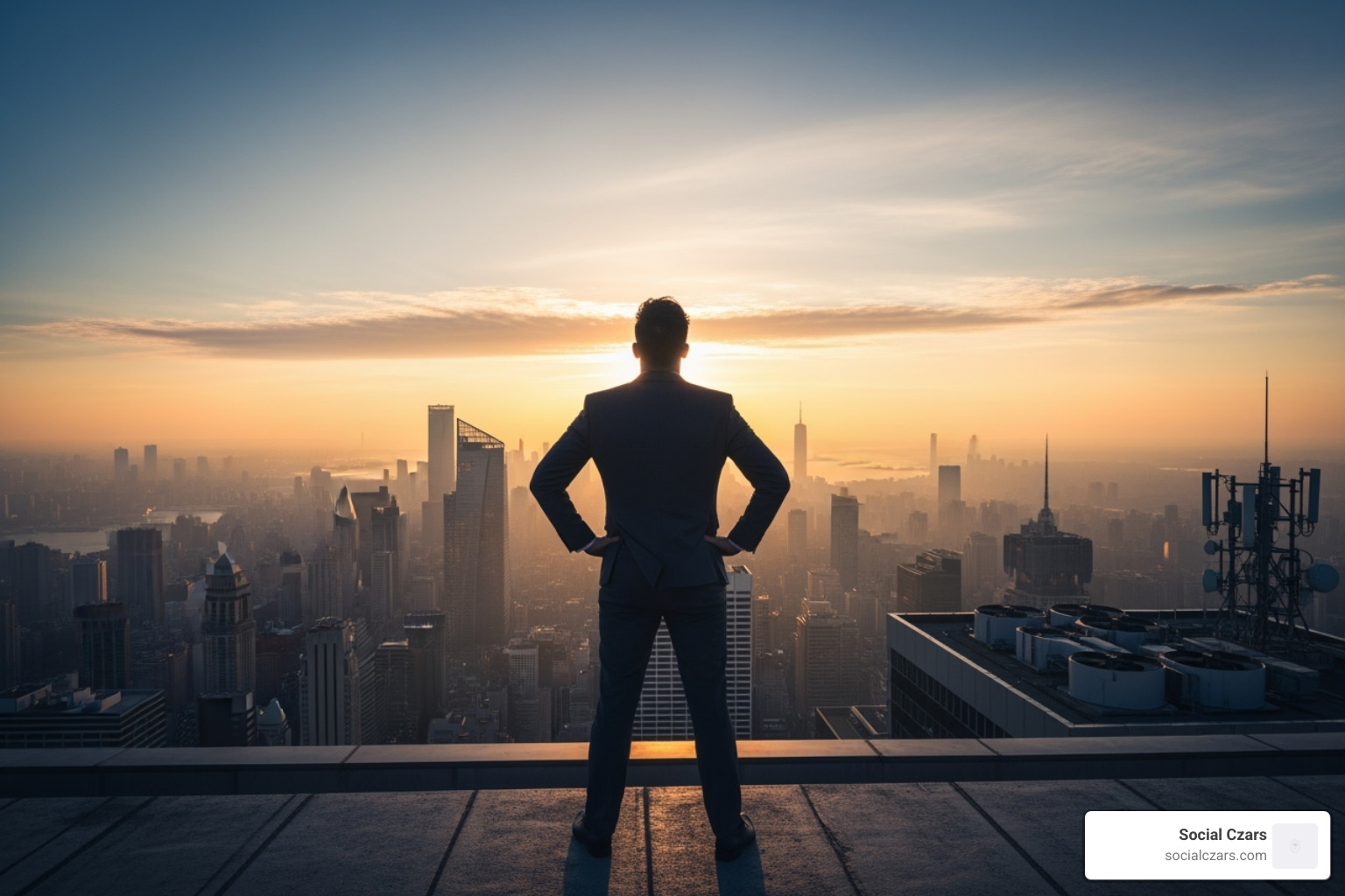 Person confidently looking at a city skyline, representing success and vision - Elite SEO services