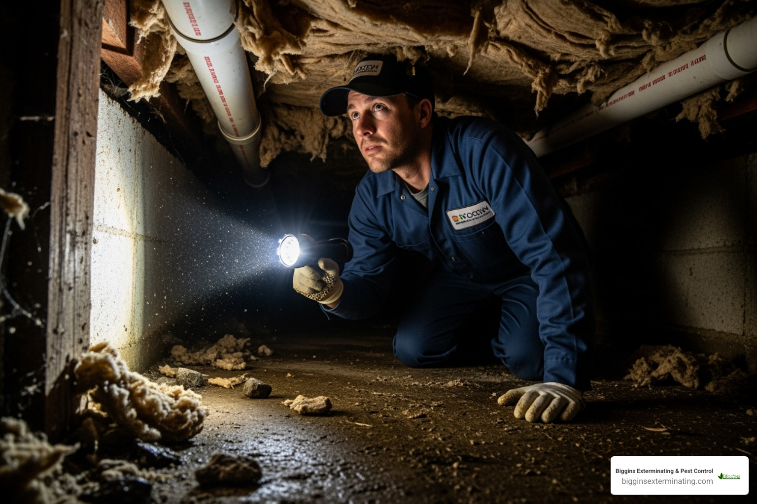 A technician using a flashlight to inspect a basement crawl space. - pest control inspection A technician using a flashlight to inspect a basement crawl space. - pest control inspection