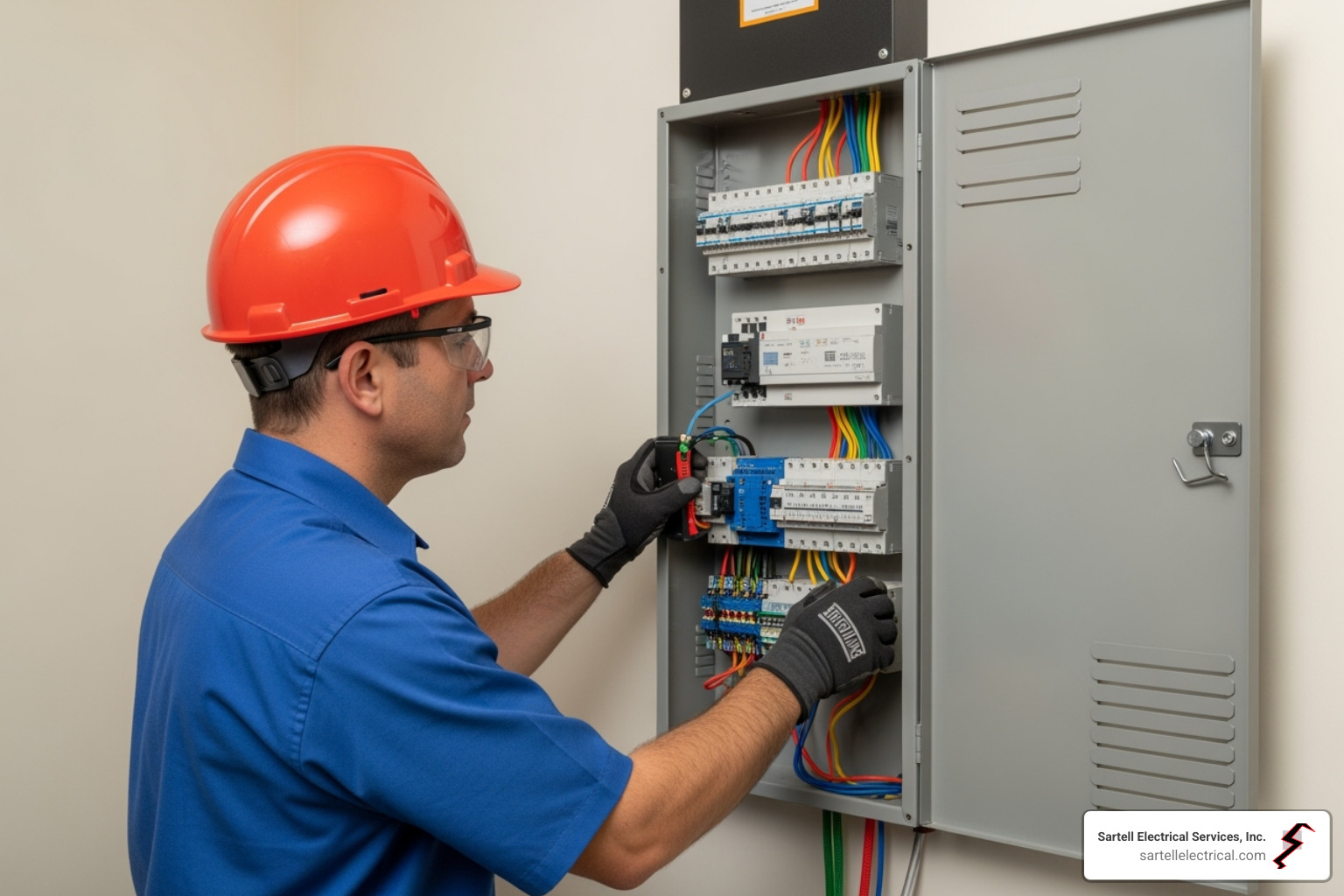 A licensed electrician installing a new electrical panel - main electrical panel upgrade