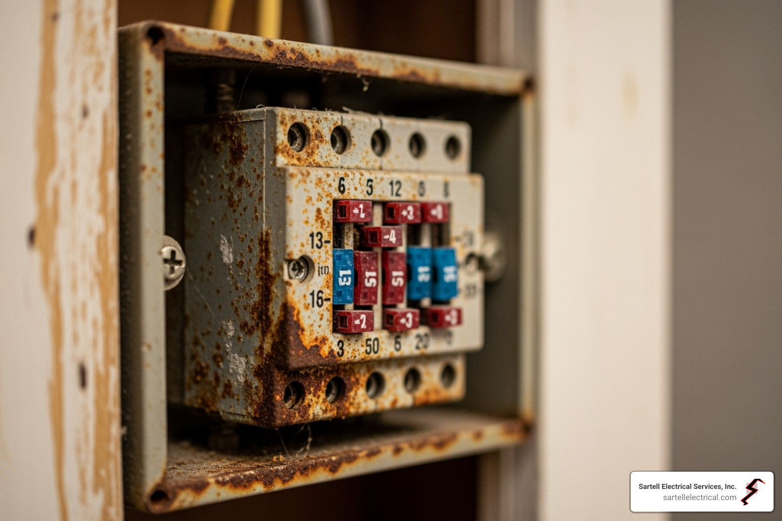 An old, rusty fuse box with visible corrosion - main electrical panel upgrade