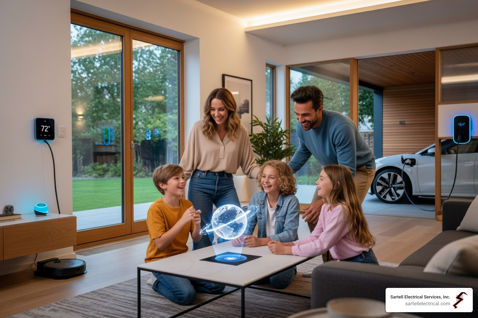 A happy family in a modern home with smart devices and an EV charging in the garage - main electrical panel upgrade