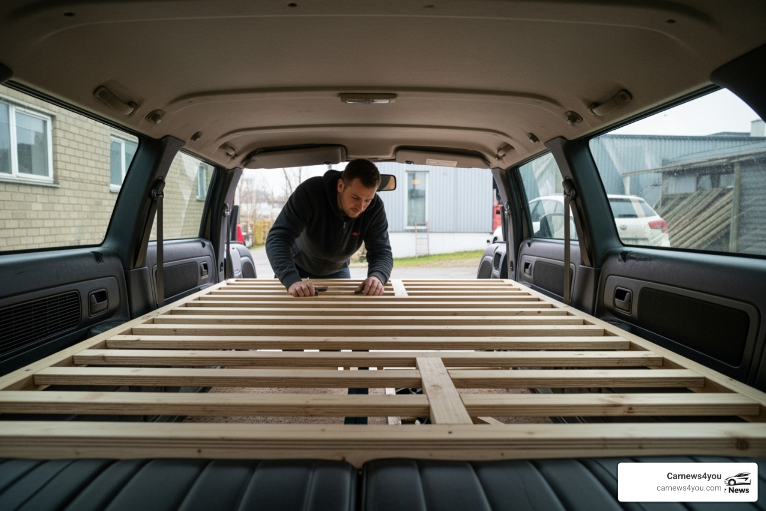 Person building a wooden bed platform inside an SUV - best suv camper conversion Person building a wooden bed platform inside an SUV - best suv camper conversion