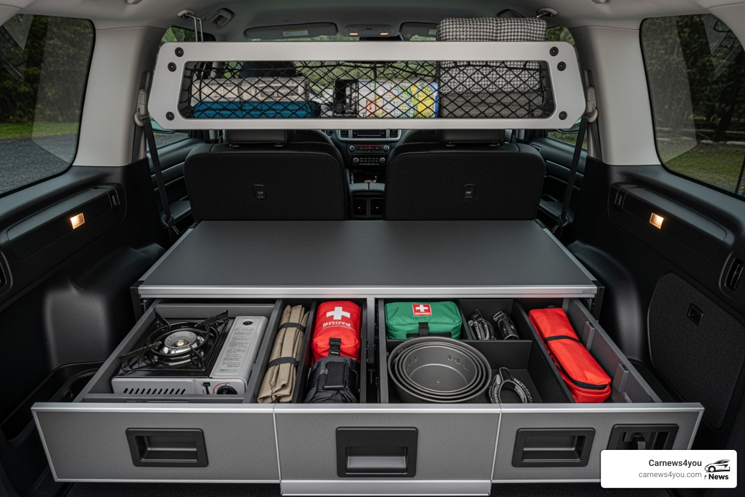 Well-organized SUV interior with slide-out drawers and overhead storage - best suv camper conversion Well-organized SUV interior with slide-out drawers and overhead storage - best suv camper conversion