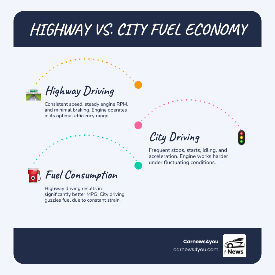 Infographic showing highway driving with constant speed and smooth traffic flow versus city driving with frequent stops, traffic lights, and variable speeds, highlighting fuel consumption differences - highway mileage cars infographic infographic-line-3-steps-blues-accent_colors Infographic showing highway driving with constant speed and smooth traffic flow versus city driving with frequent stops, traffic lights, and variable speeds, highlighting fuel consumption differences - highway mileage cars infographic infographic-line-3-steps-blues-accent_colors