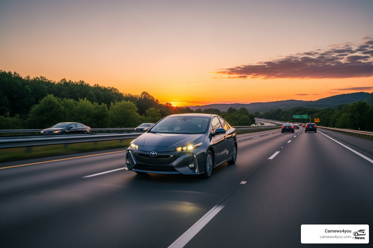 A 2024 Toyota Prius or Lexus ES 300h driving on a highway - highway mileage cars A 2024 Toyota Prius or Lexus ES 300h driving on a highway - highway mileage cars